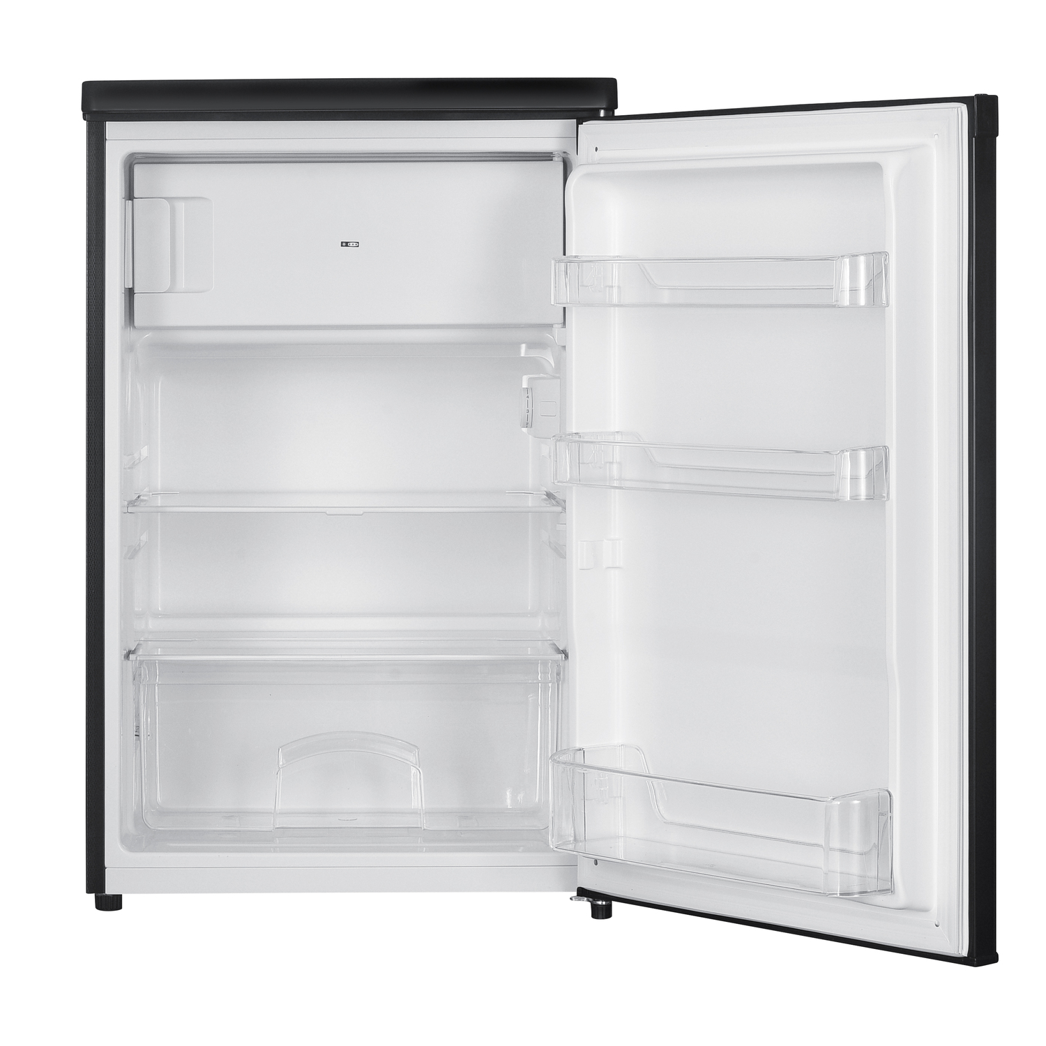 Open black fridge with shelves. The door is open.