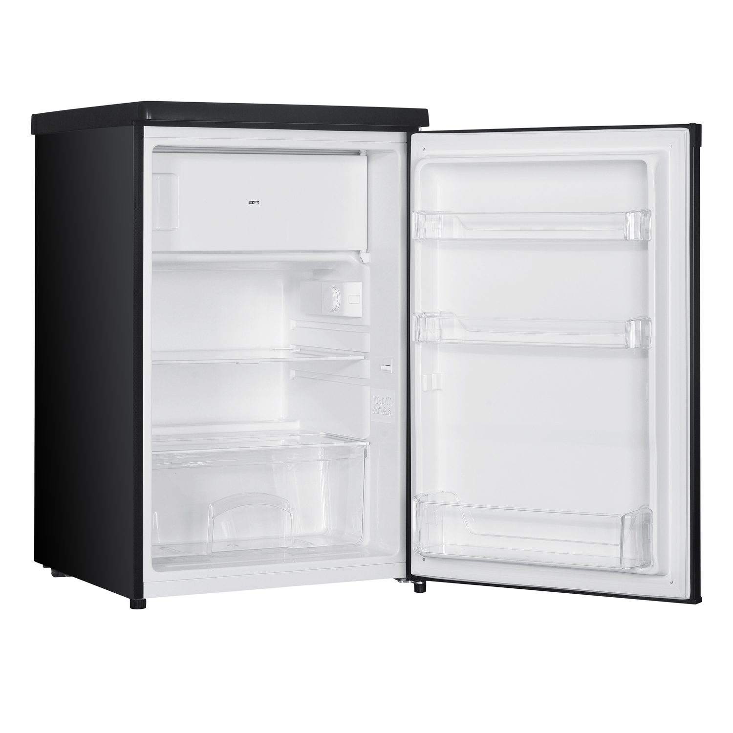 Open black fridge, door on right. Interior has shelves.