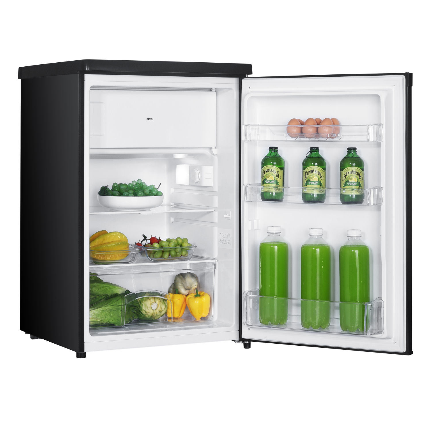 Open fridge with food: grapes, bottles, eggs, and vegetables.