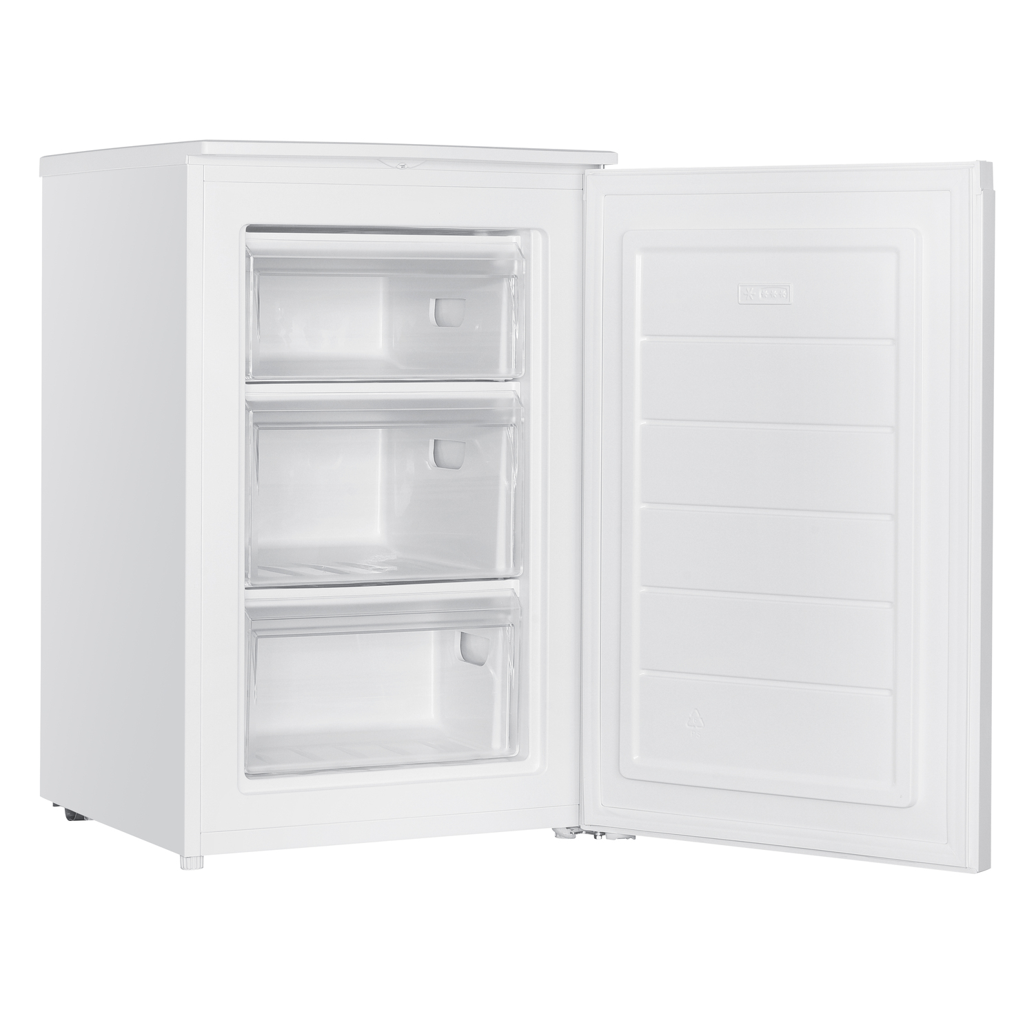 Congélateur blanc avec porte ouverte, révélant 3 tiroirs.