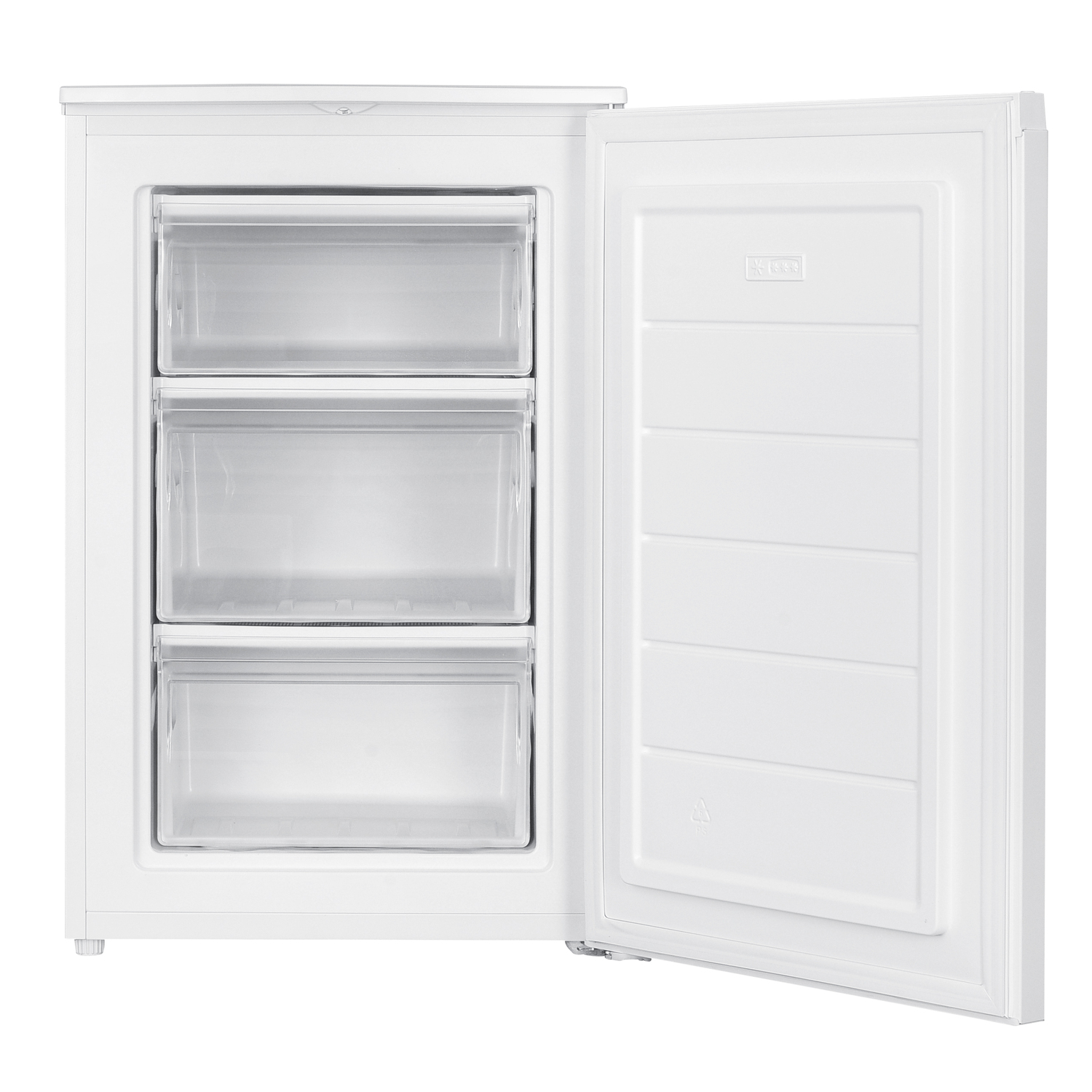 Witte vriezer met open deur die drie heldere lades onthult. Wit interieur.