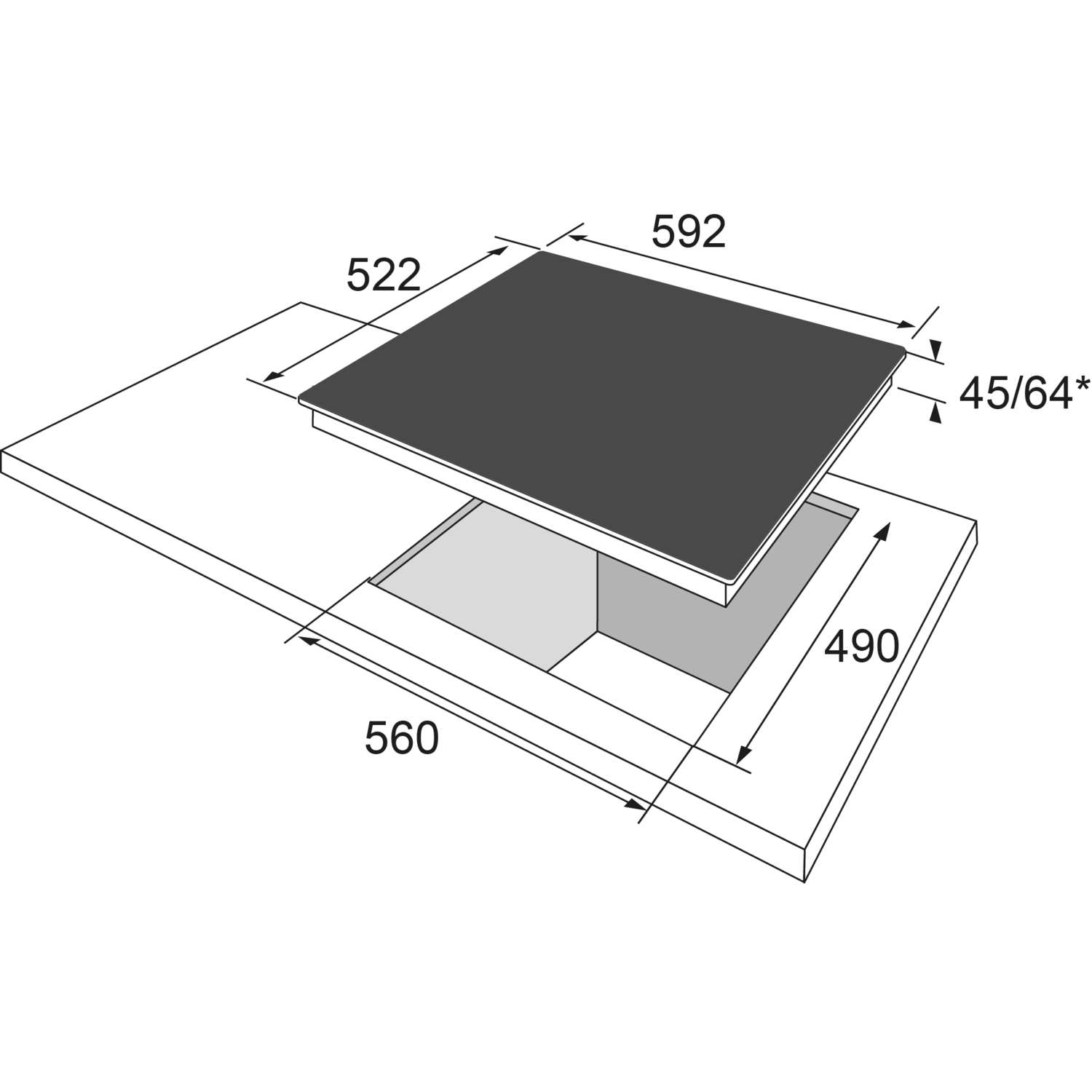 A diagram with measurements of a black cooktop. White background.