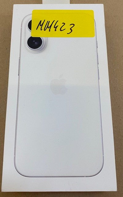 Biały telefon w pudełku z żółtą naklejką, dwa obiektywy.