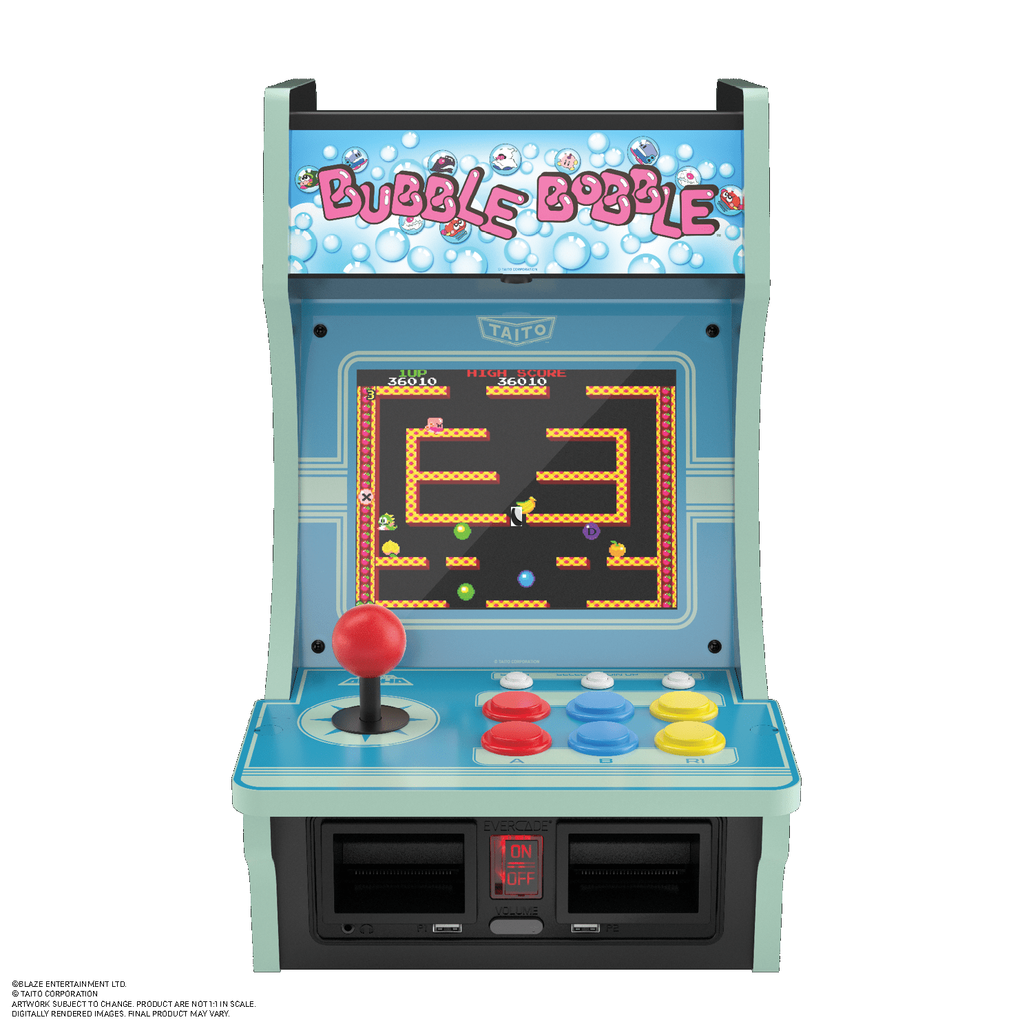 Mini-Arcade-Automat mit Bubble Bobble-Spiel. Mit rotem Joystick, Knöpfen und Bildschirm mit Spielverlauf.