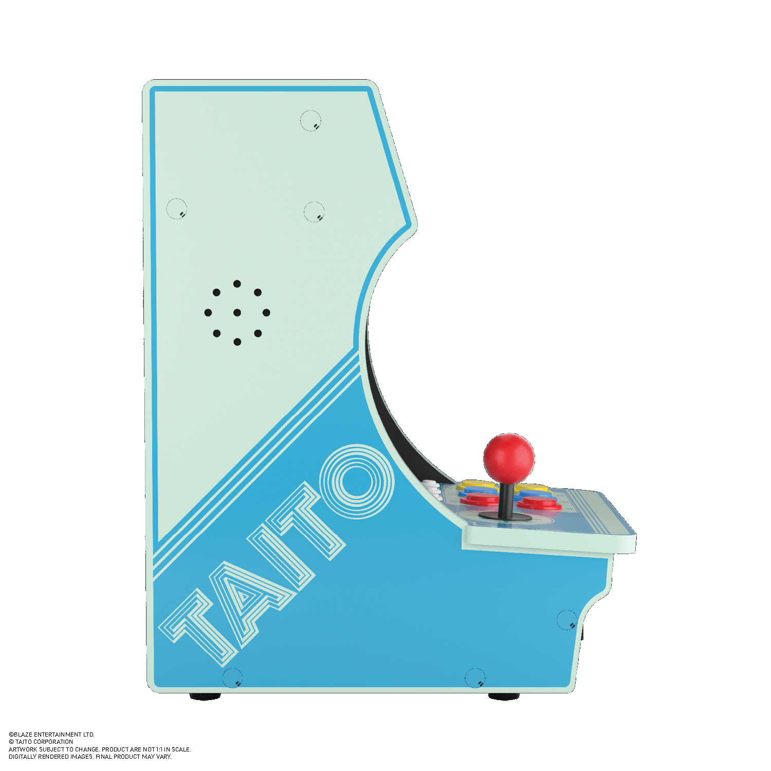 Seitenansicht eines blau-weißen Mini-Arcade-Automaten. Das Taito-Logo ist sichtbar.
