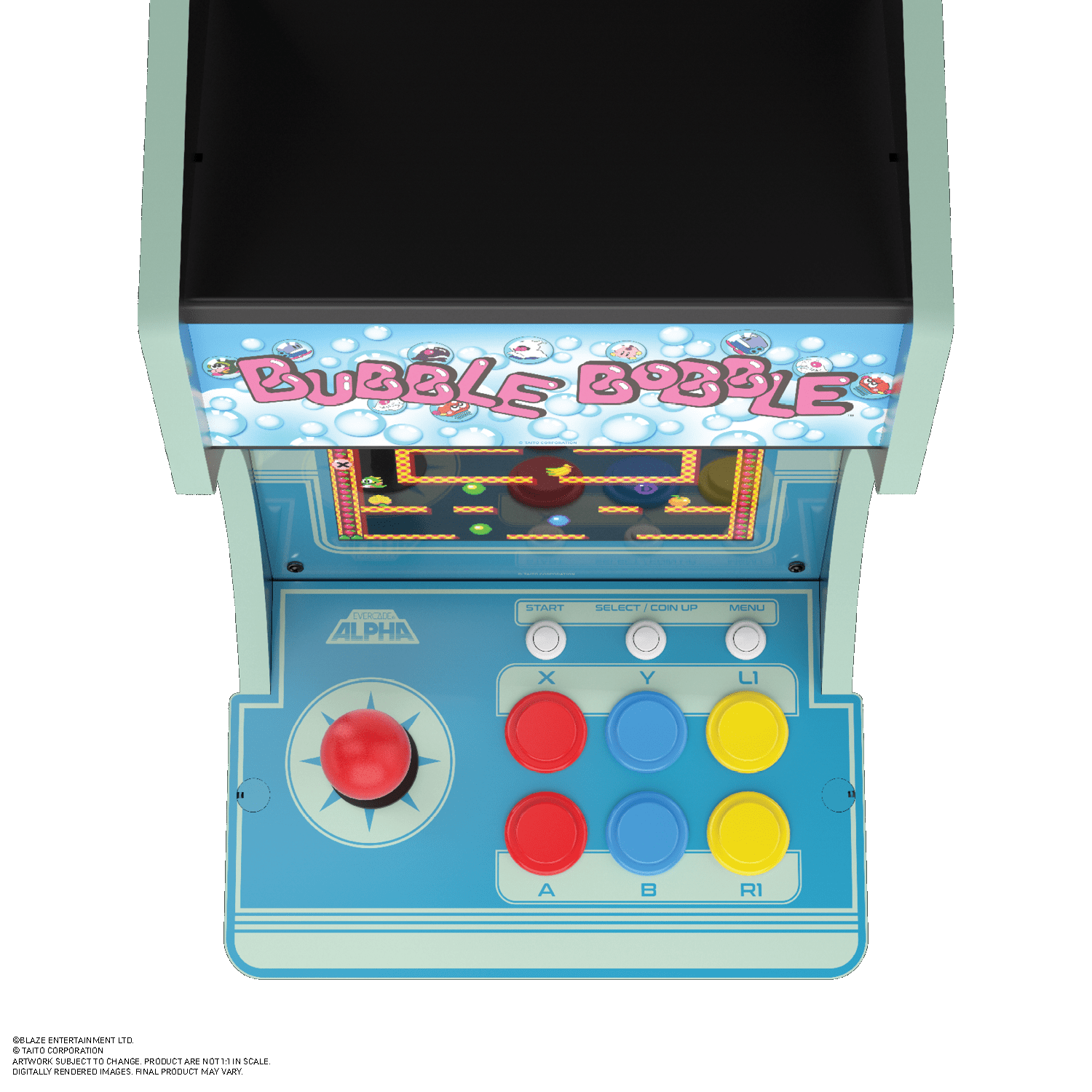 Draufsicht auf einen Mini-Arcade-Automaten mit Joystick, Knöpfen und Bubble Bobble Spielbanner.