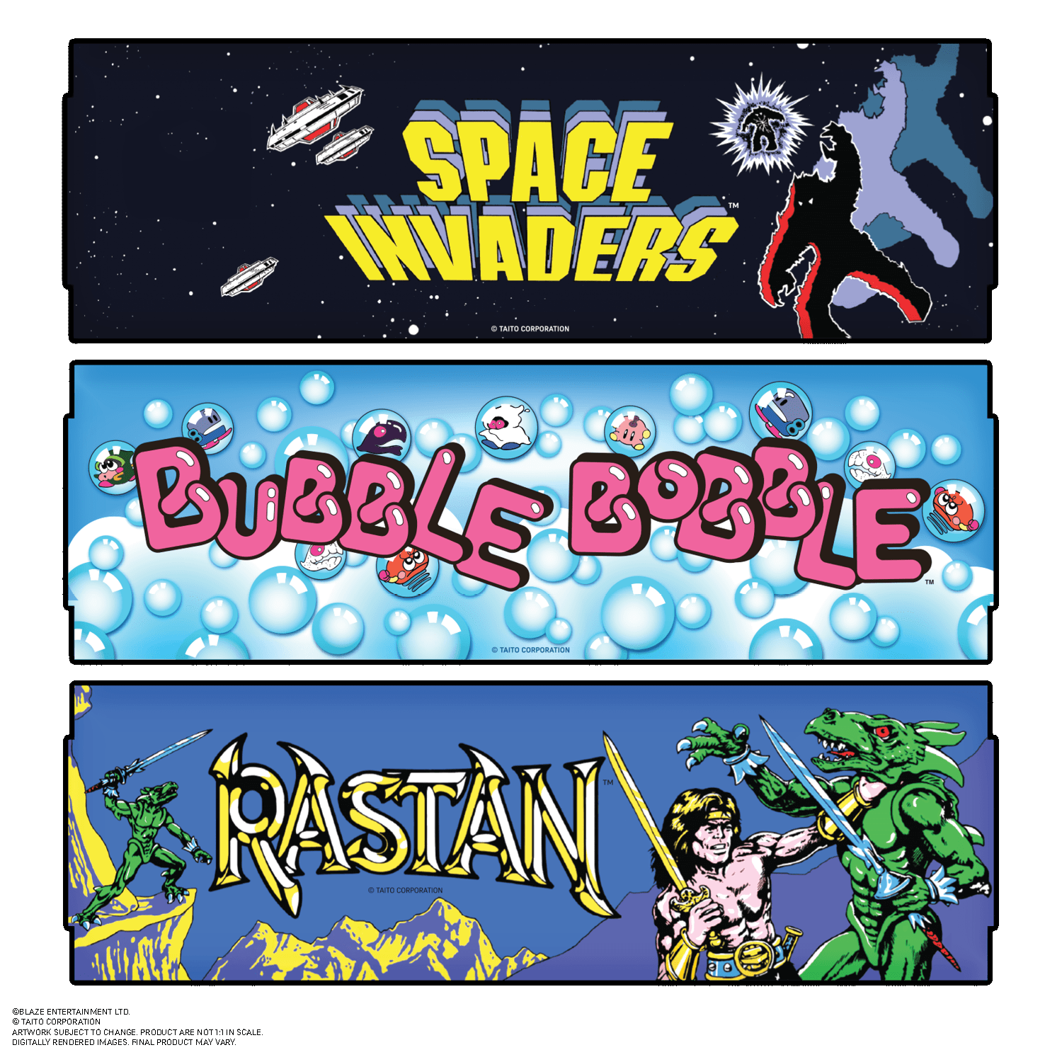Drei Arcade-Spiel-Marquees: Space Invaders, Bubble Bobble und Rastan, jeweils mit farbenfrohen Kunstwerken.