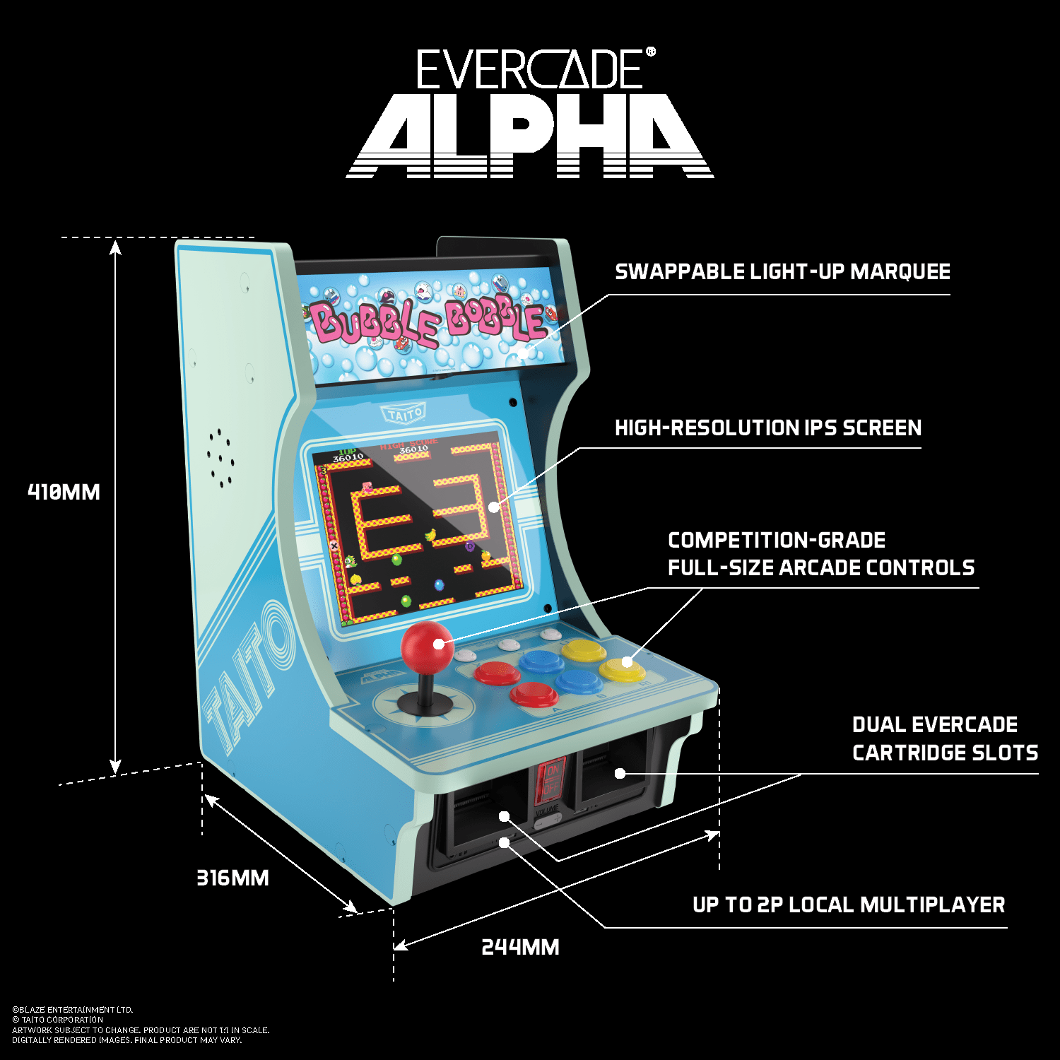 Diagramm eines Evercade Alpha Mini-Arcade-Automaten, mit Abmessungen und Funktionskennzeichnungen.