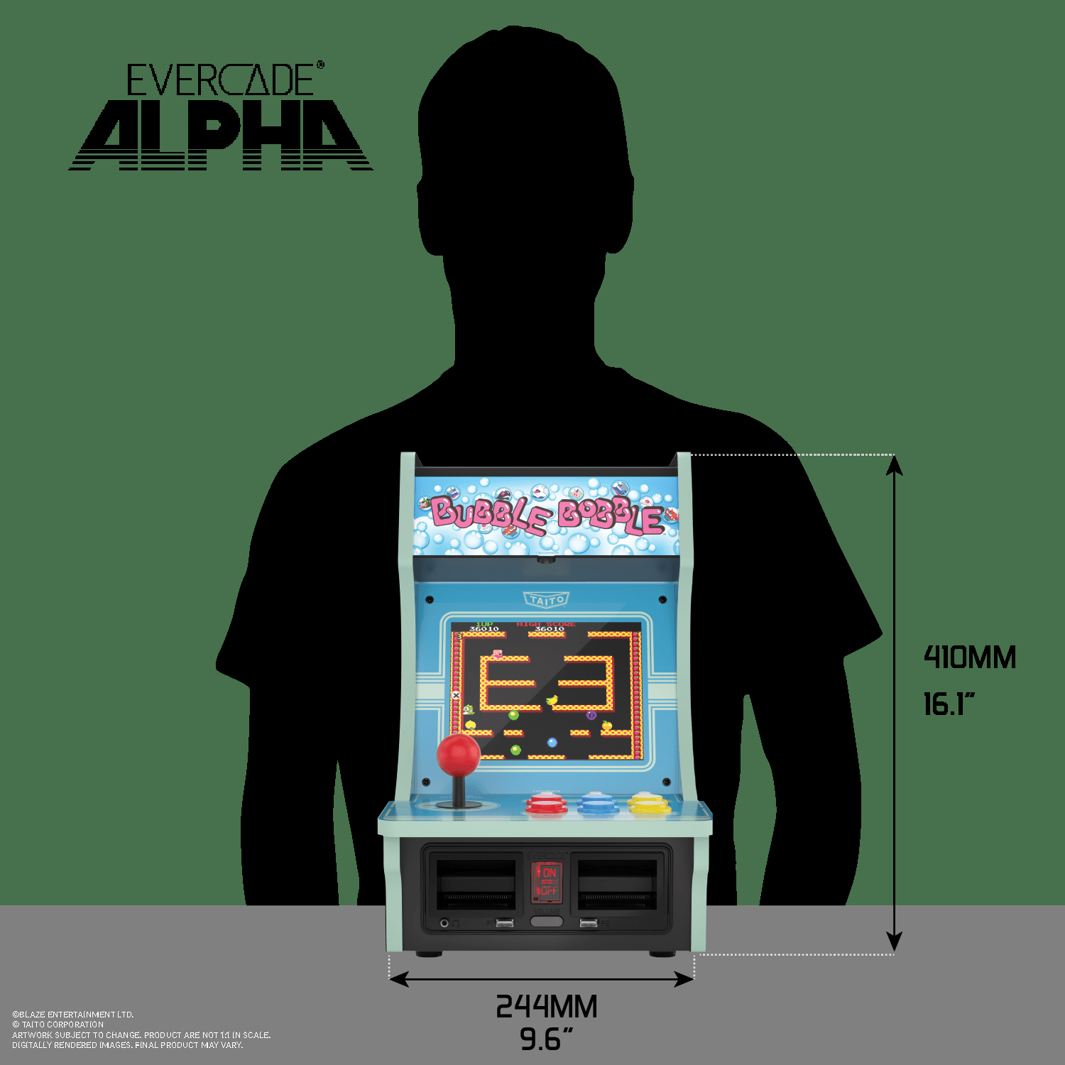 Die Silhouette einer Person neben einem Mini-Arcade-Automaten, zeigt die Größe im Verhältnis zum Menschen.