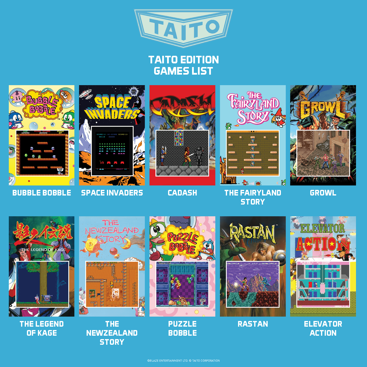 Zusammenstellung von zehn Taito Edition Arcade-Spielcovern, darunter Bubble Bobble, Space Invaders und weitere.