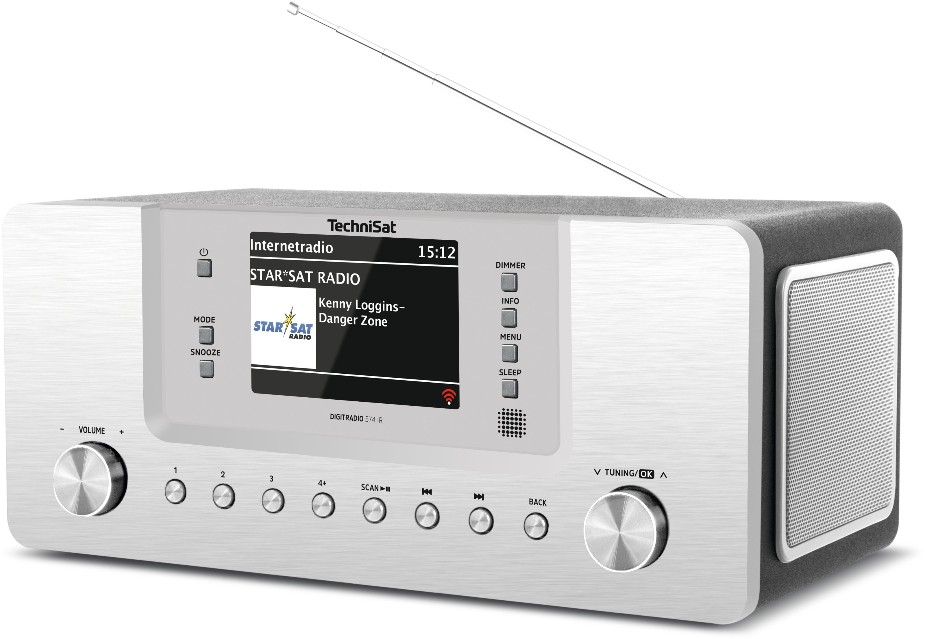 Ein silber-schwarzes Radio zeigt die Uhrzeit und den Radiosender an, mit Knöpfen und einem Drehregler auf der Vorderseite.