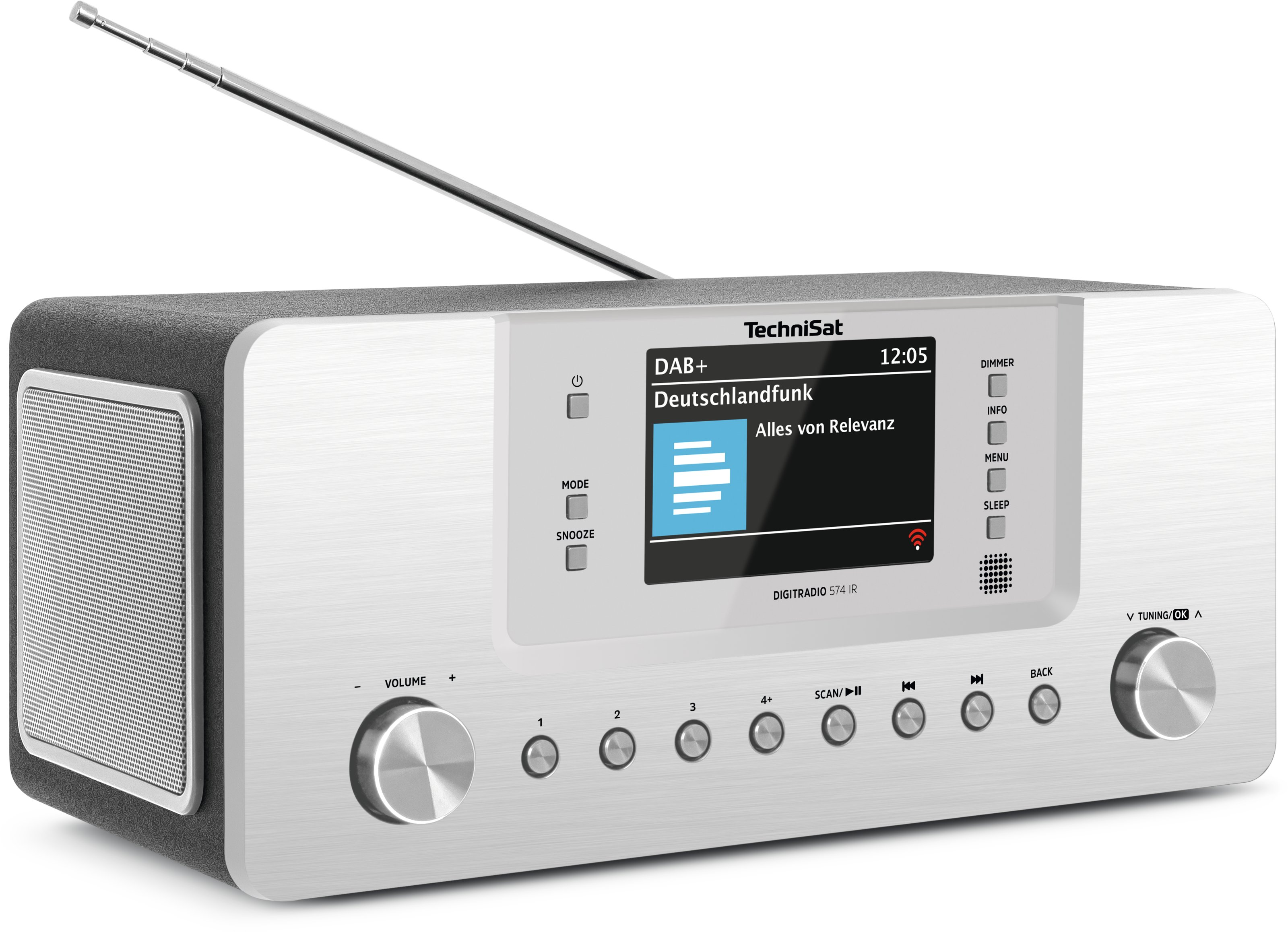 Ein weißes Radio mit Bildschirm zeigt Zeit- und Radioinformationen an. Es hat Knöpfe und einen Drehregler vorne.