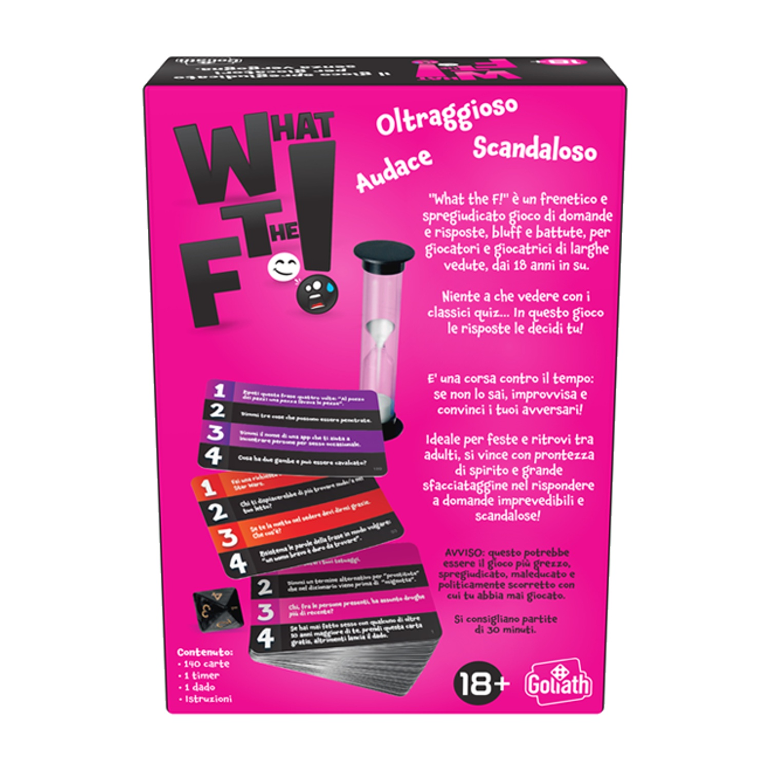 Un gioco in scatola rosa intitolato "What The F!" con carte, un timer e un dado. Il gioco è per adulti.