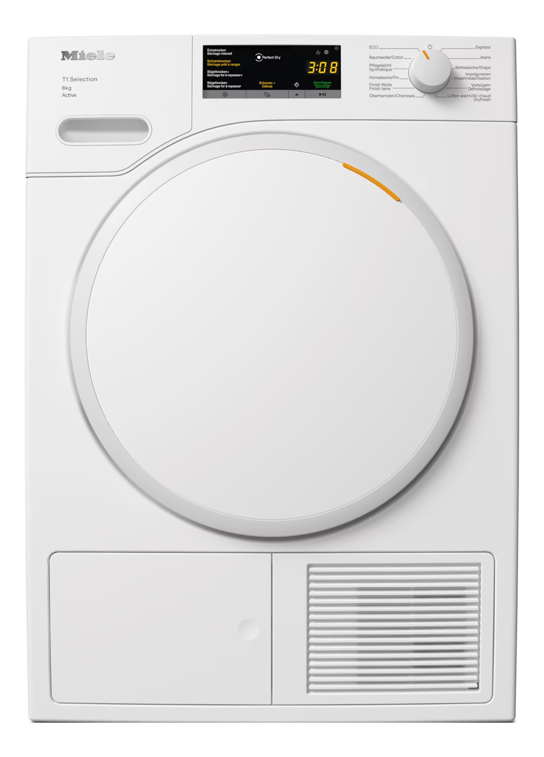 Asciugatrice Miele T1 bianca. Ha porta tonda, pannello comandi con display e manopola di selezione programmi.