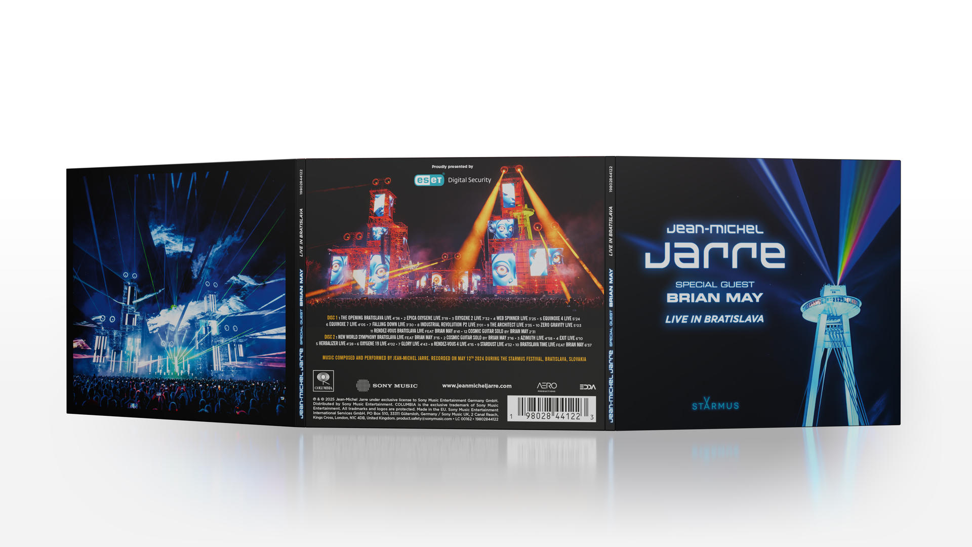 Albumcover, Jean-Michel Jarre Live in Bratislava, mit Bühnenbeleuchtung und einer Menschenmenge.