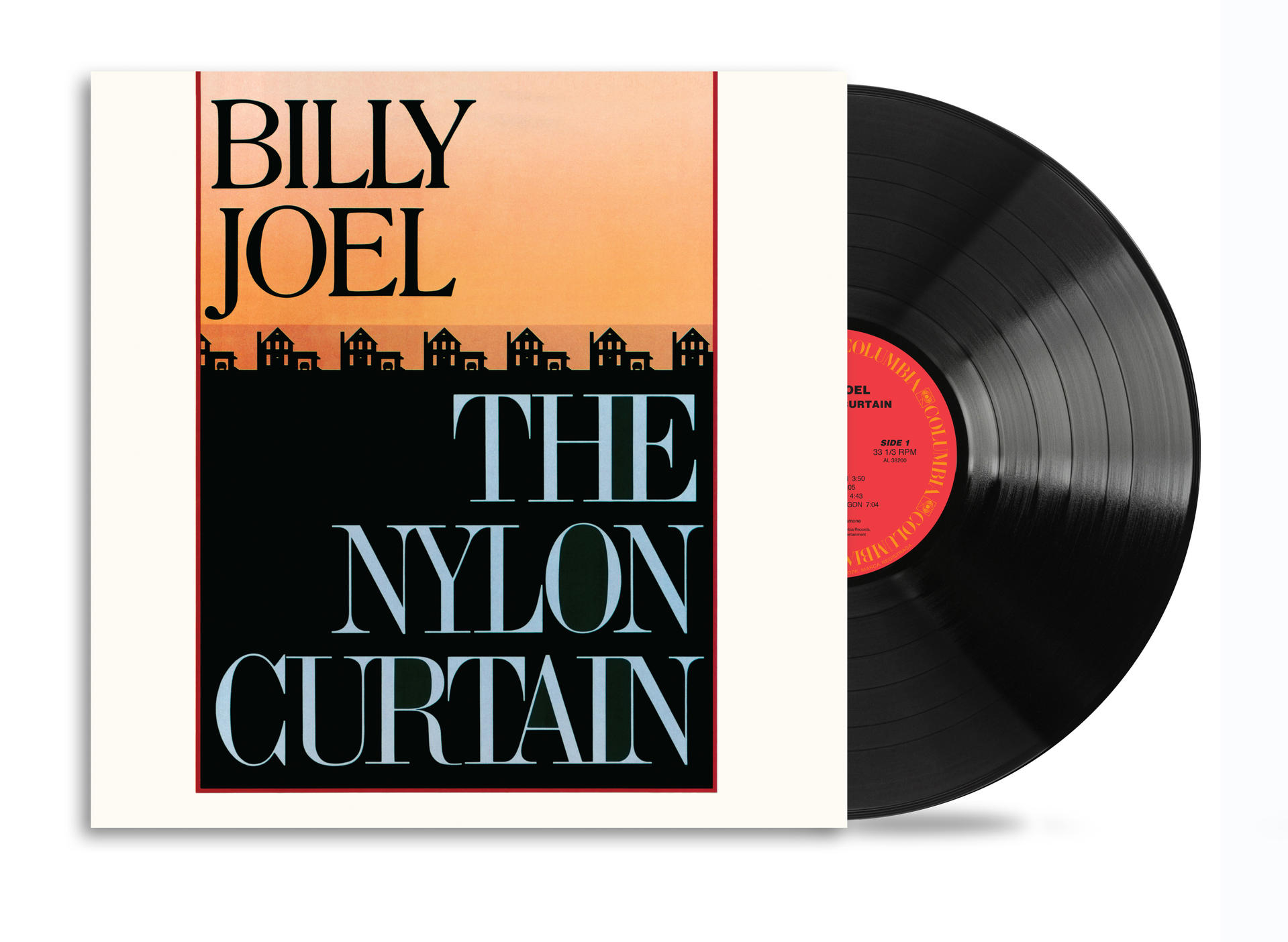 Albumcover für Billy Joels "The Nylon Curtain". Enthält Albumcover und eine Schallplatte.