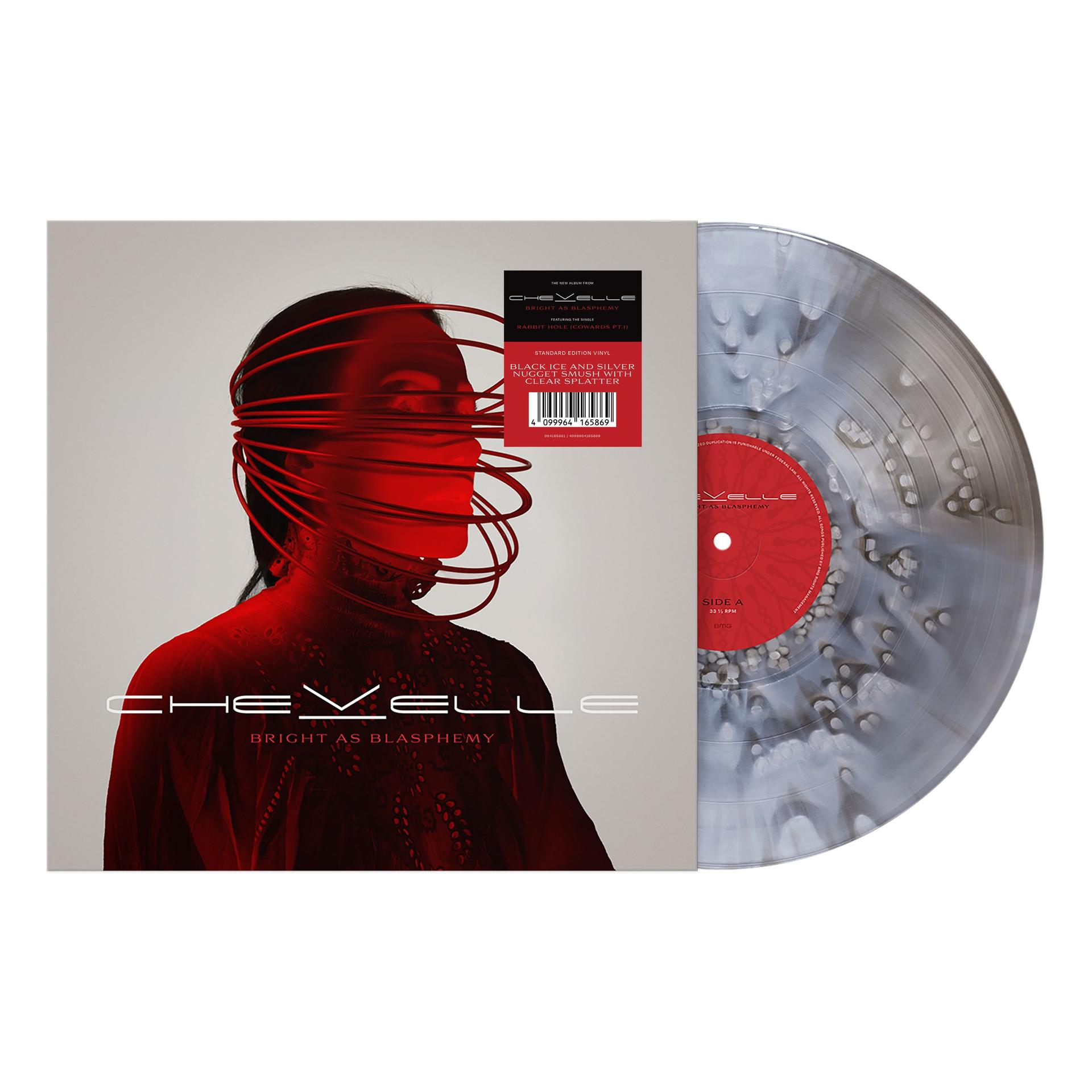 Albumcover mit rot beleuchteter Person und Schallplatte. Das Album heißt CHEVELLE: Bright as Blasphemy.