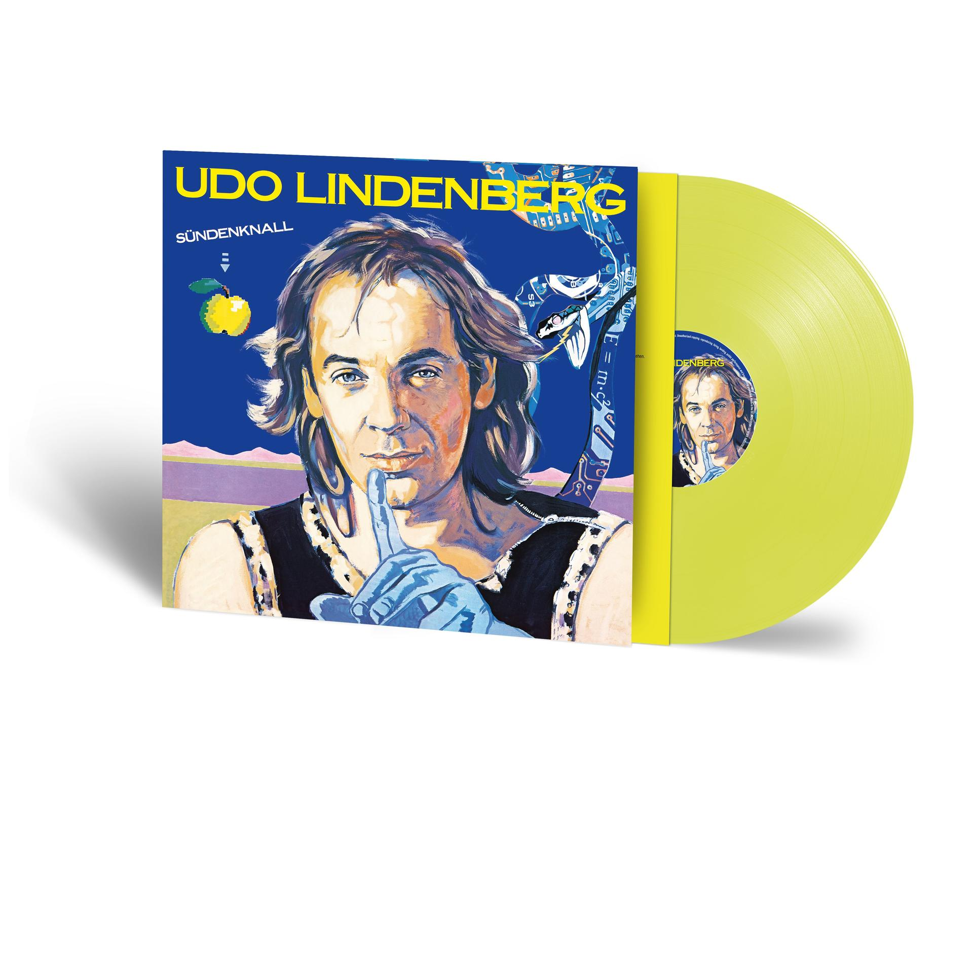 Albumcover. Udo Lindenberg auf der Vorderseite. Gelbes Vinyl ist rechts. Weißer Hintergrund.