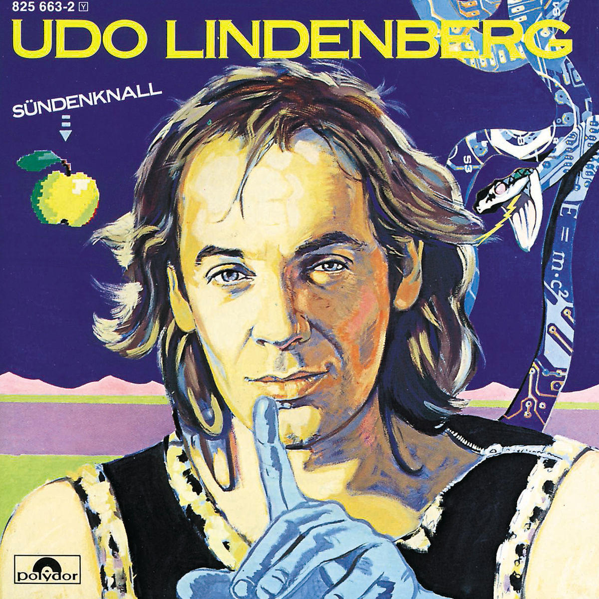 Albumcover mit UDO LINDENBERG, Porträt mit Finger an den Lippen und einem gelben Apfel.