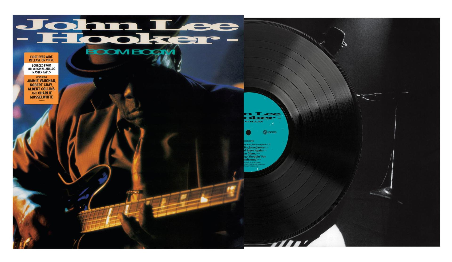 Albumcover und Vinyl. John Lee Hooker spielt Gitarre. Schwarzer Hintergrund.