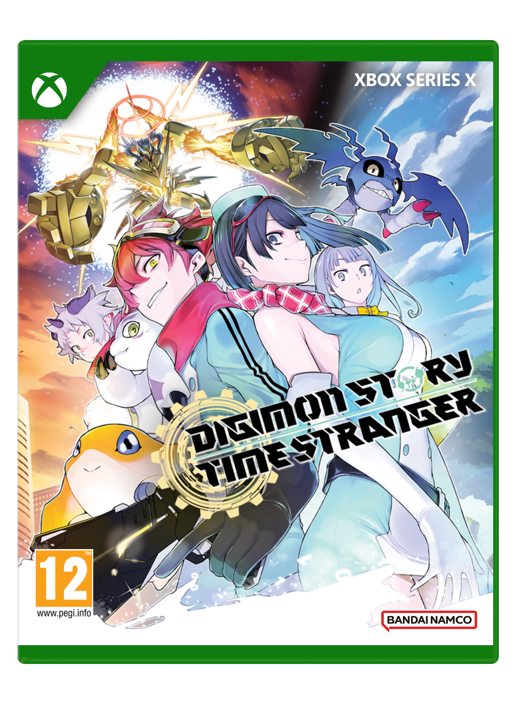 Portada del juego Digimon Story: Time Traveler. Presenta personajes con cabello colorido, Digimon y el título del juego.