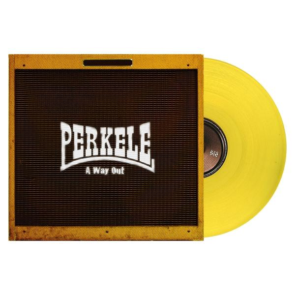 Gelbes Vinyl-Album mit "PERKELE A Way Out" Schriftzug auf braunem Cover.