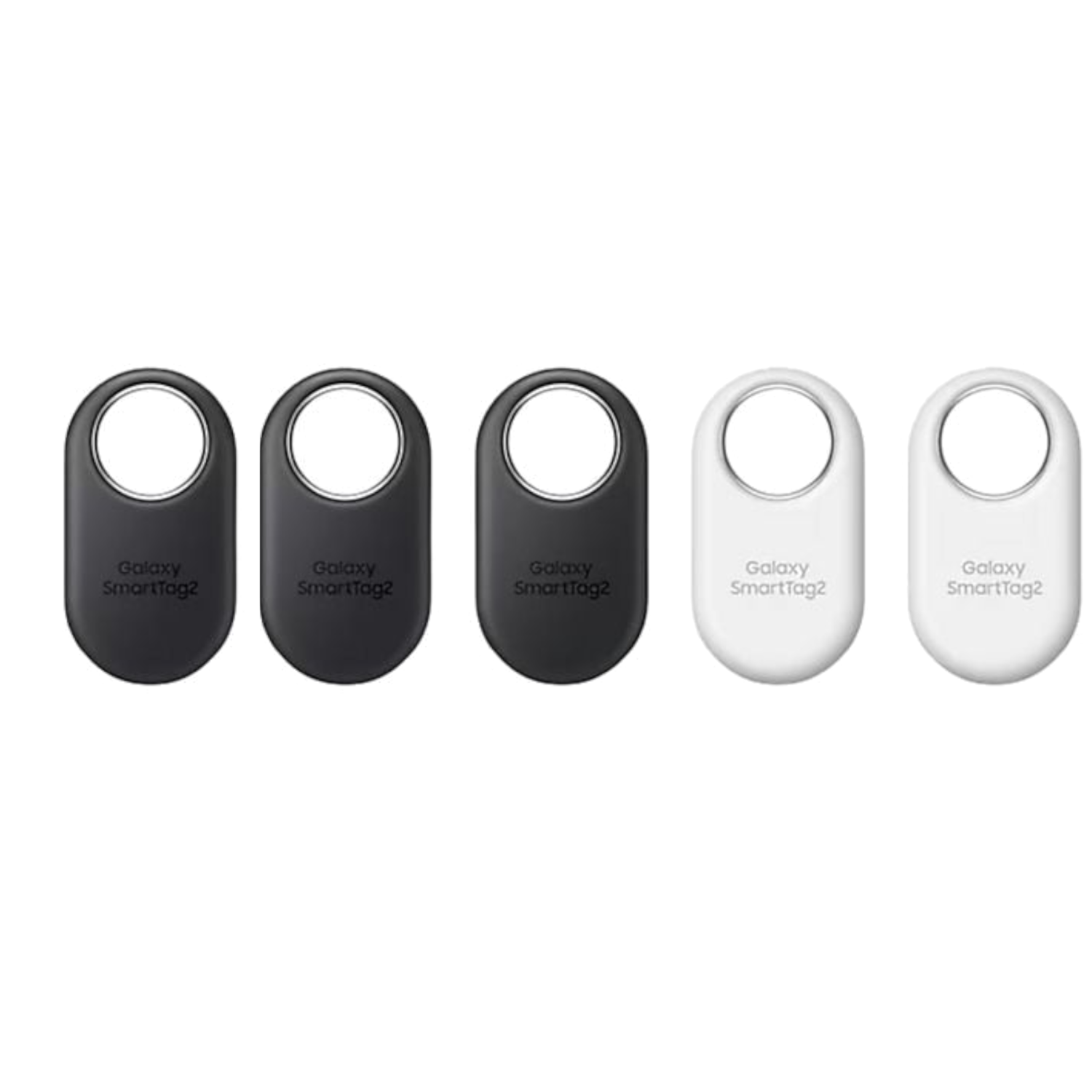 Five smart tag devices. Each tag is oval, with a black or white finish and a loop.