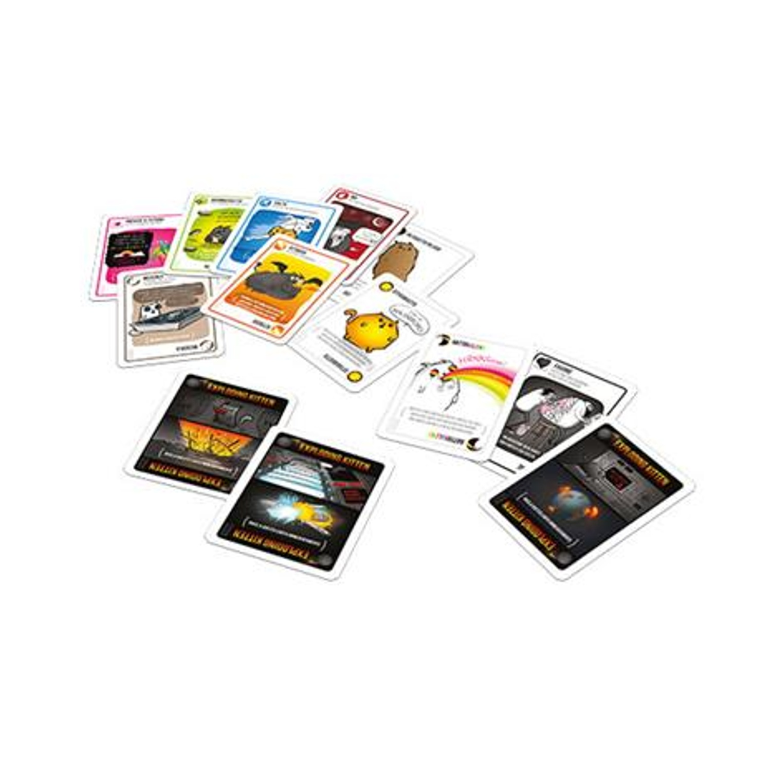 Una collezione di carte del gioco Exploding Kittens, con varie illustrazioni e testo.