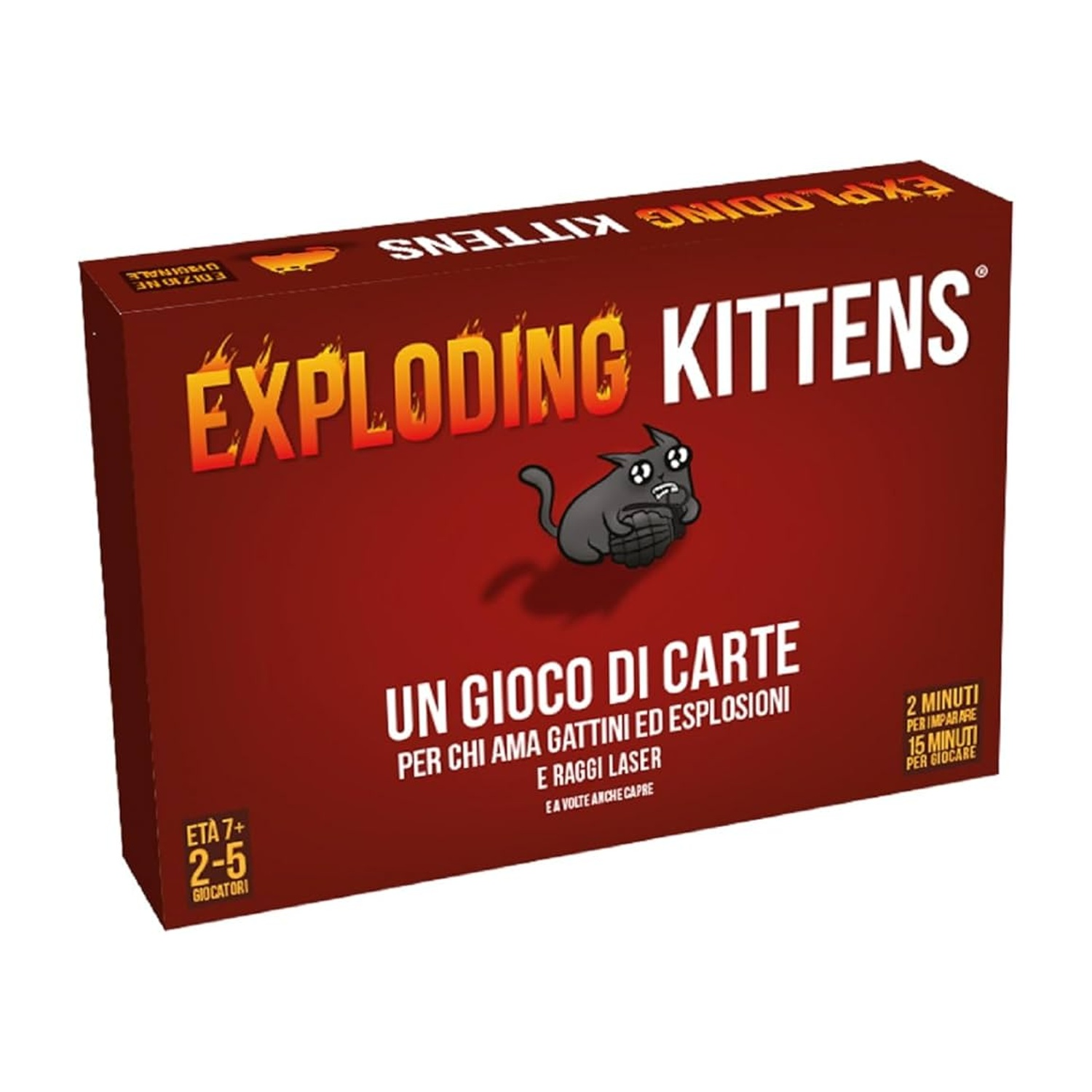 Scatola del gioco di carte Exploding Kittens con sfondo rosso, arte del gatto nero e testo bianco.