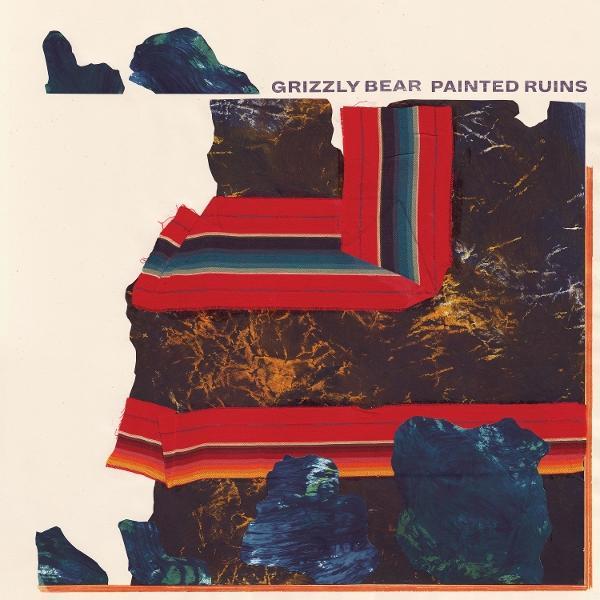 Albumcover: 'Painted Ruins' von Grizzly Bear. Abstrakte Kunst mit dunklen Formen, roten Streifen und blauen felsartigen Formen.