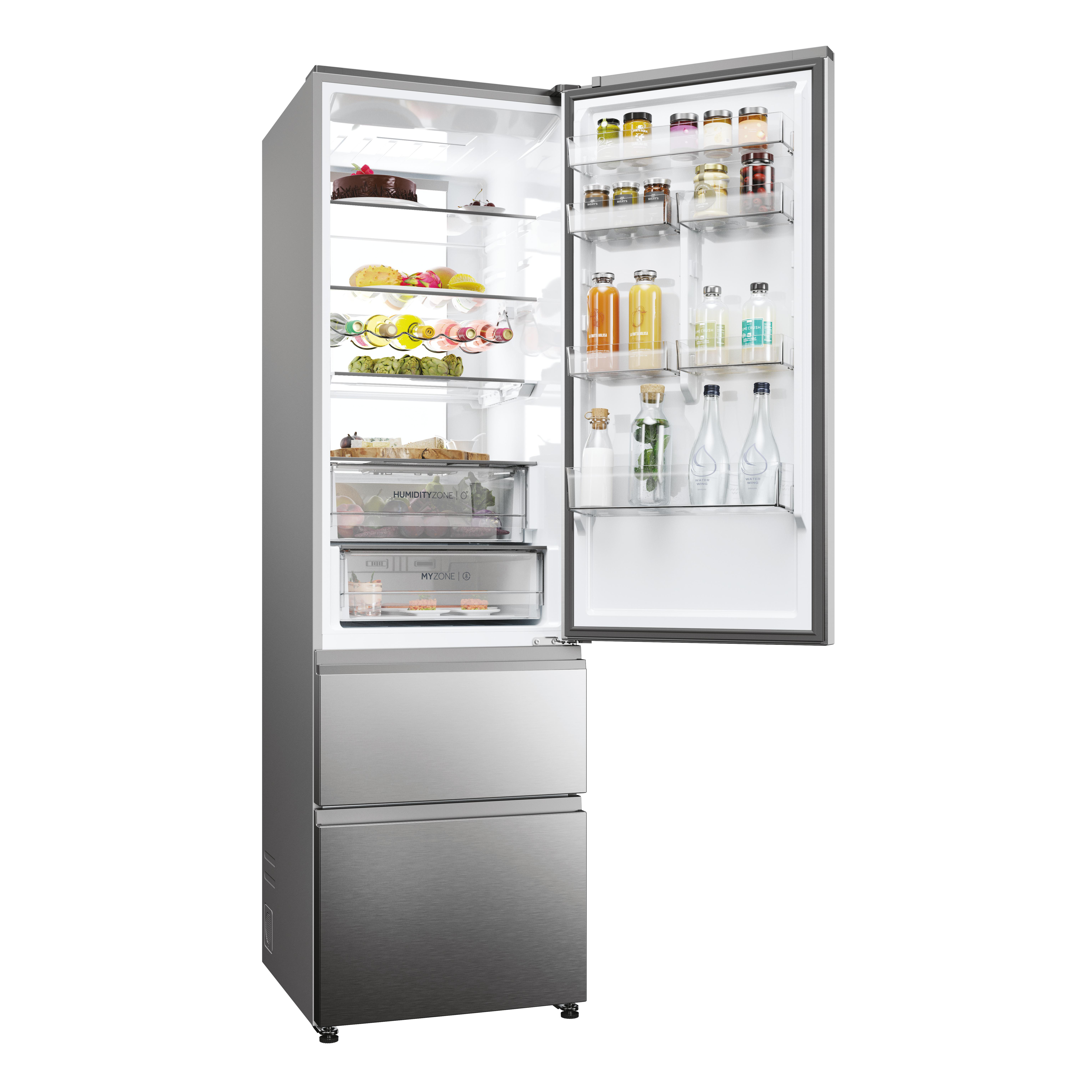 Ein Edelstahlkühlschrank mit offener Tür, der den Innenraum mit Lebensmitteln und Getränken zeigt.