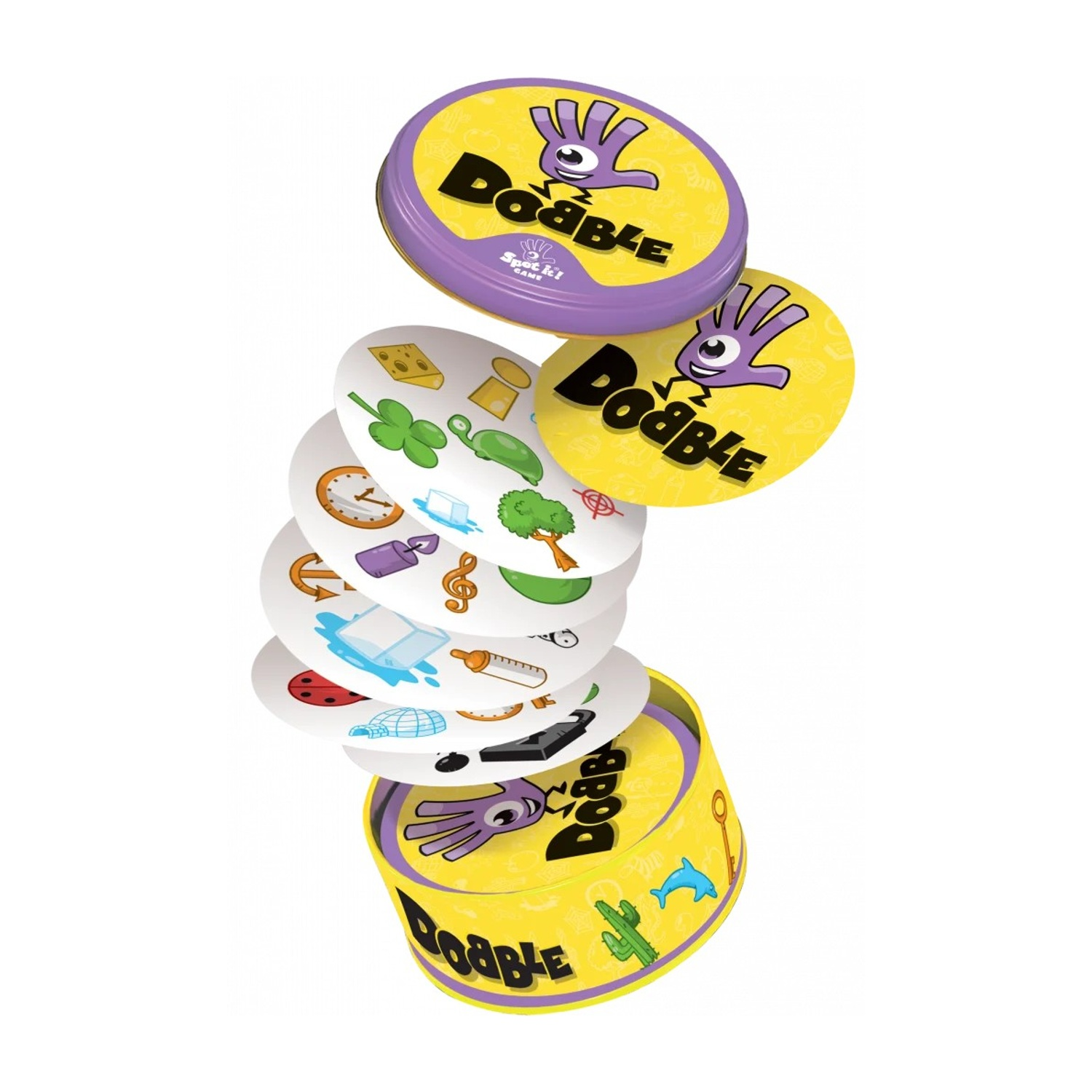 Gioco di carte Dobble con carte che volano in aria, schema di colori giallo e viola.
