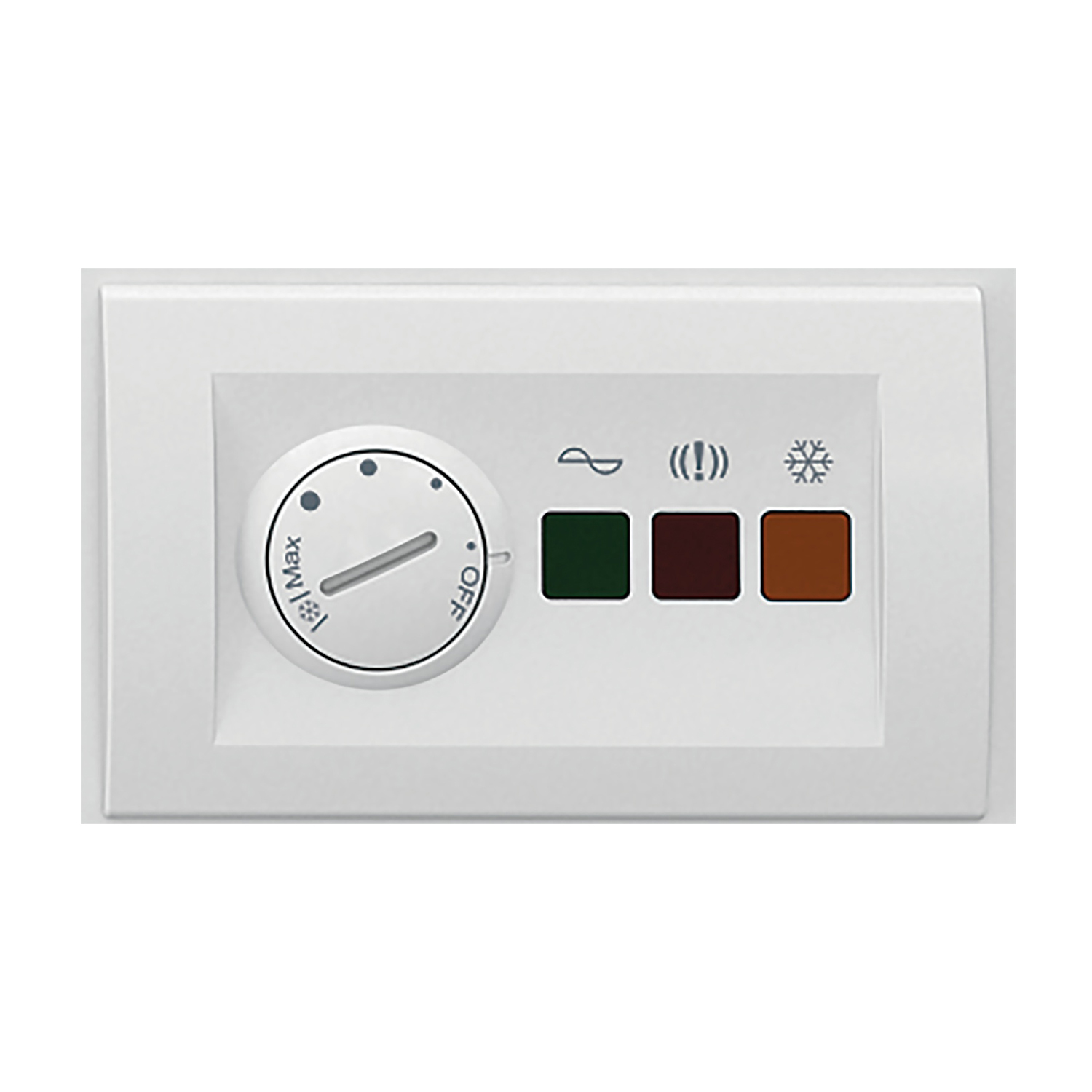Pannello di controllo a parete bianco con quadrante, icone verdi, marroni e ghiaccio. Il quadrante serve per il controllo della temperatura.