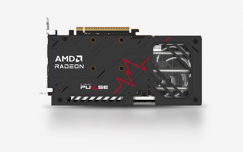 Rückseite einer schwarzen und roten Grafikkarte mit AMD Radeon und Sapphire Pulse Branding.