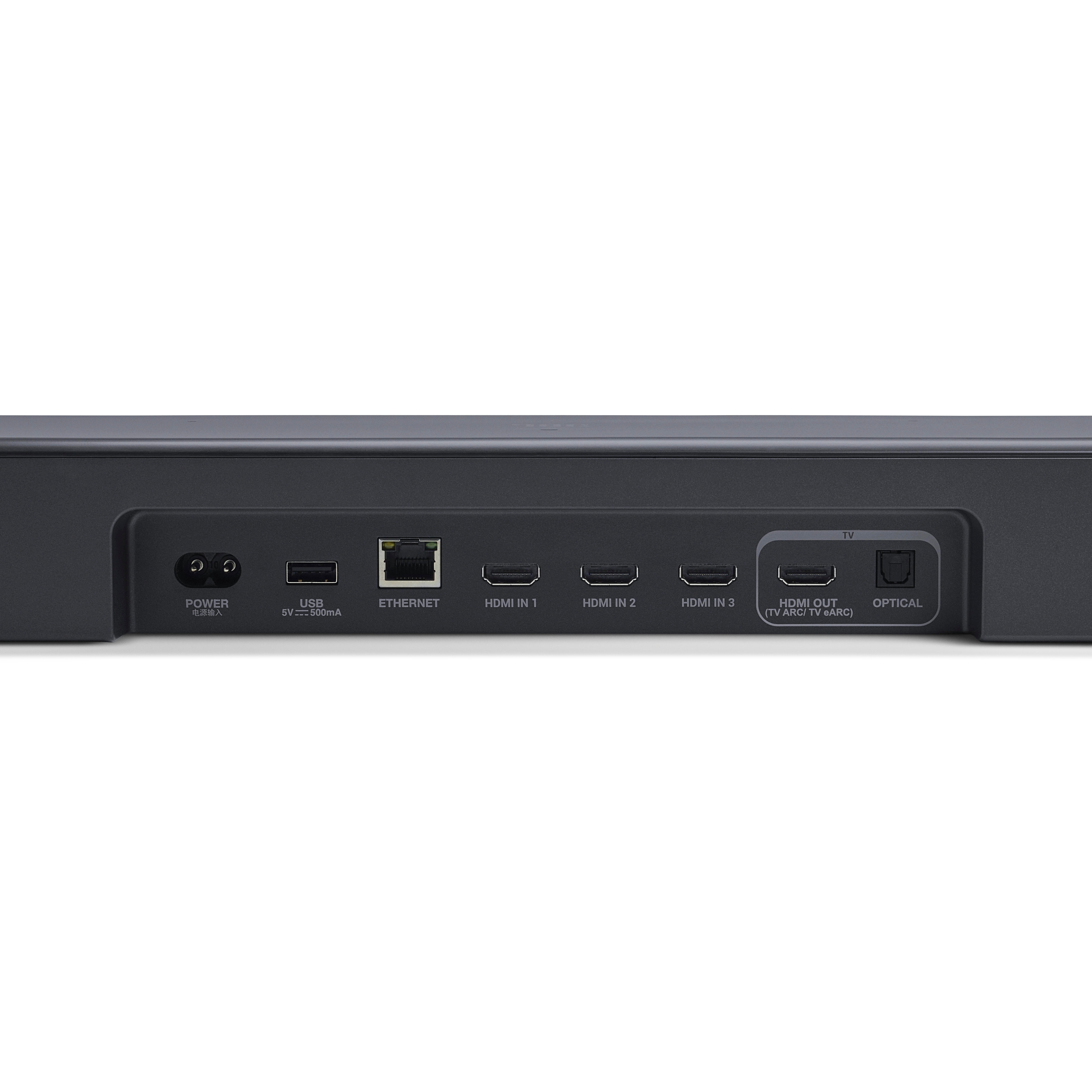 Rückseite einer schwarzen Soundbar mit verschiedenen Anschlüssen und der TV (ARC)-Markierung auf weißem Hintergrund.