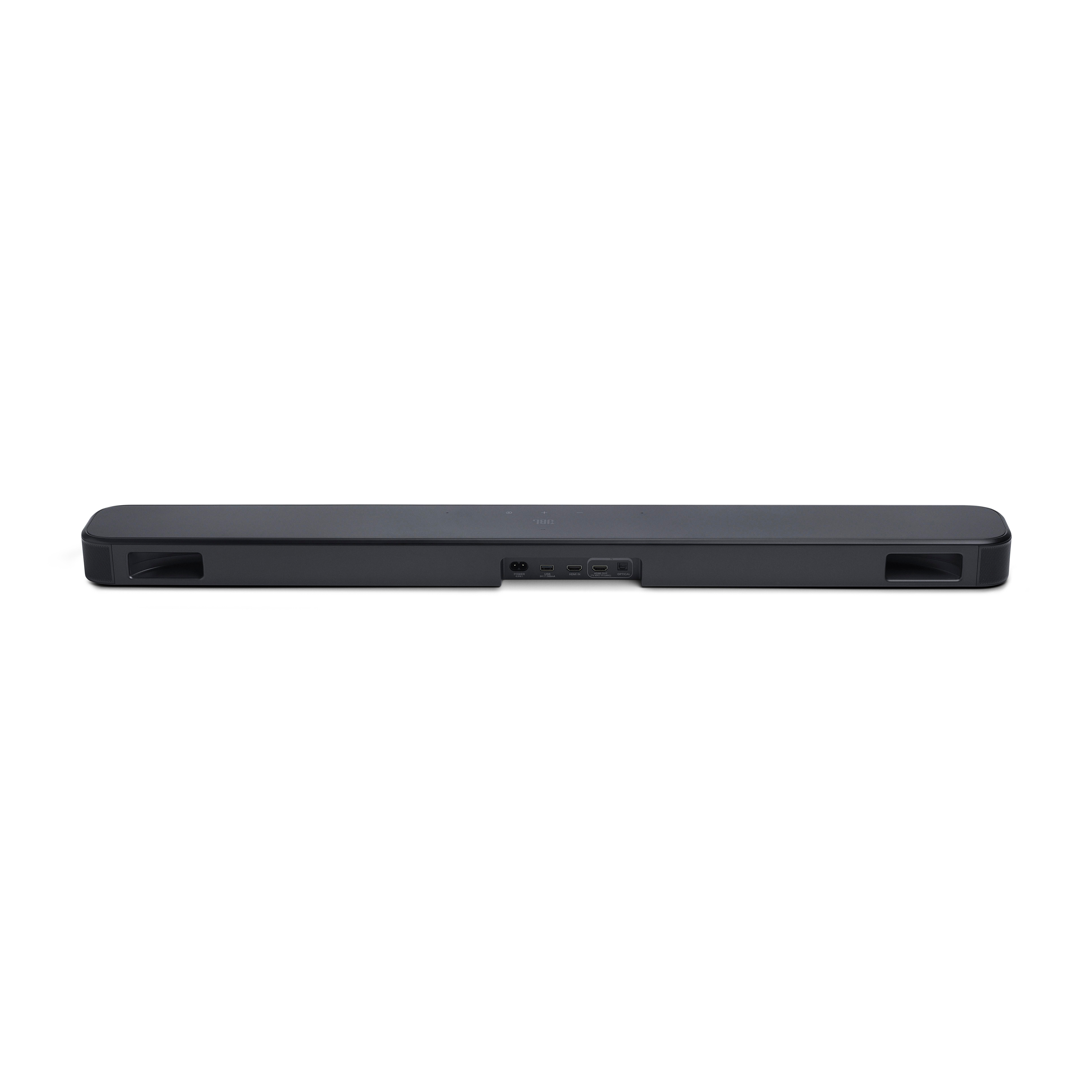 Schwarze Soundbar. Frontansicht, zentriert. Anschlüsse sichtbar. Weißer Hintergrund.
