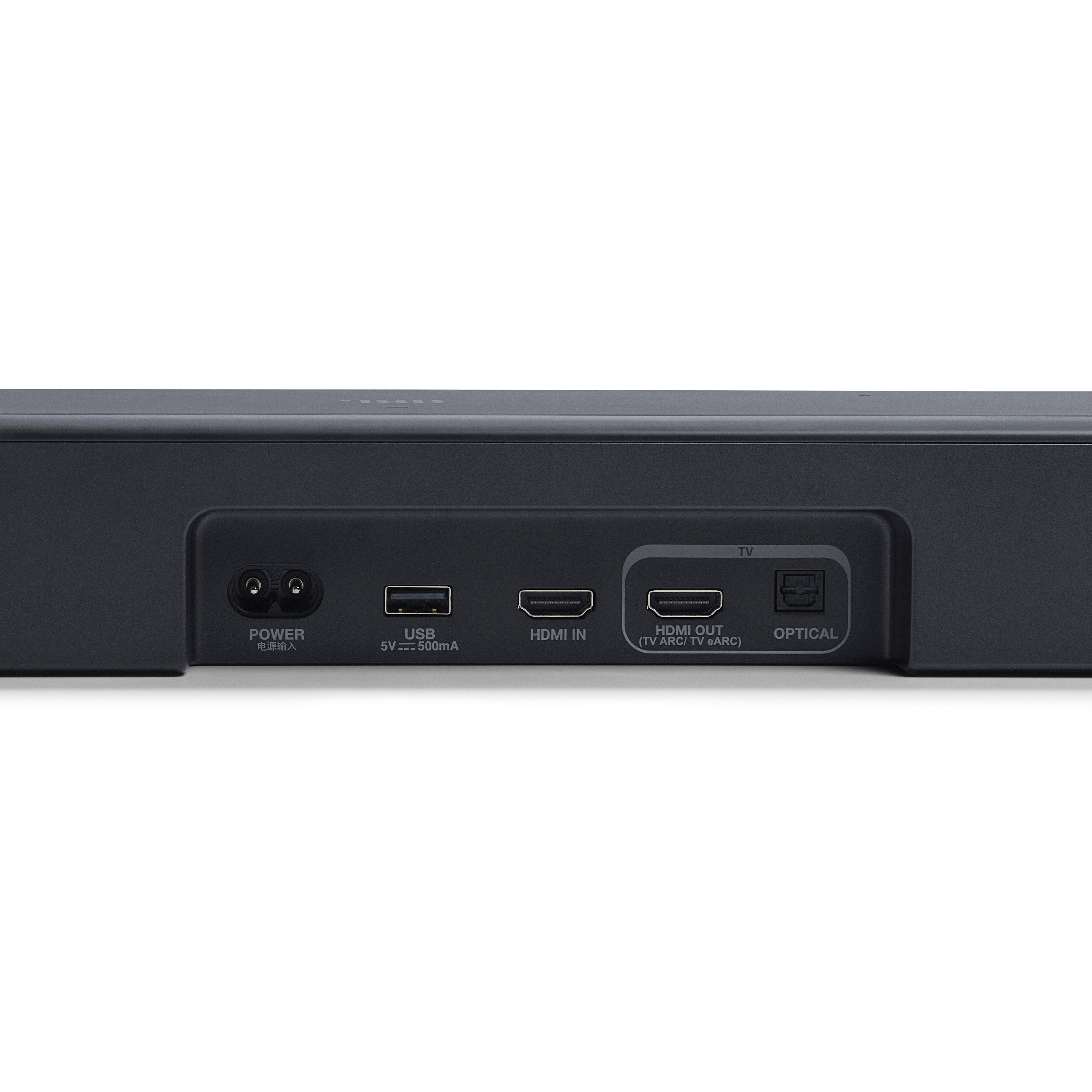 Nahaufnahme der Soundbar-Anschlüsse. Strom, USB, HDMI und optisch. Schwarze Soundbar.