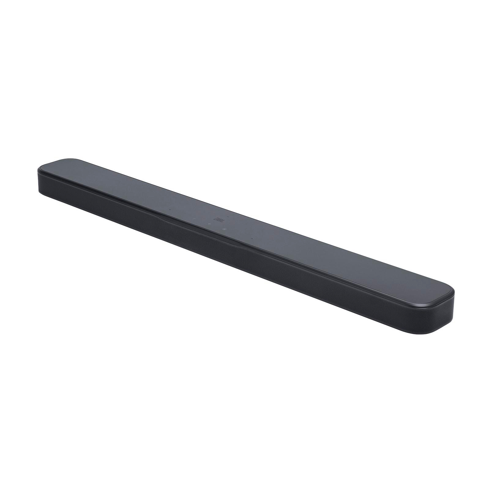 Schwarze Soundbar, abgewinkelte Ansicht. Sauberes Design. JBL-Logo oben.