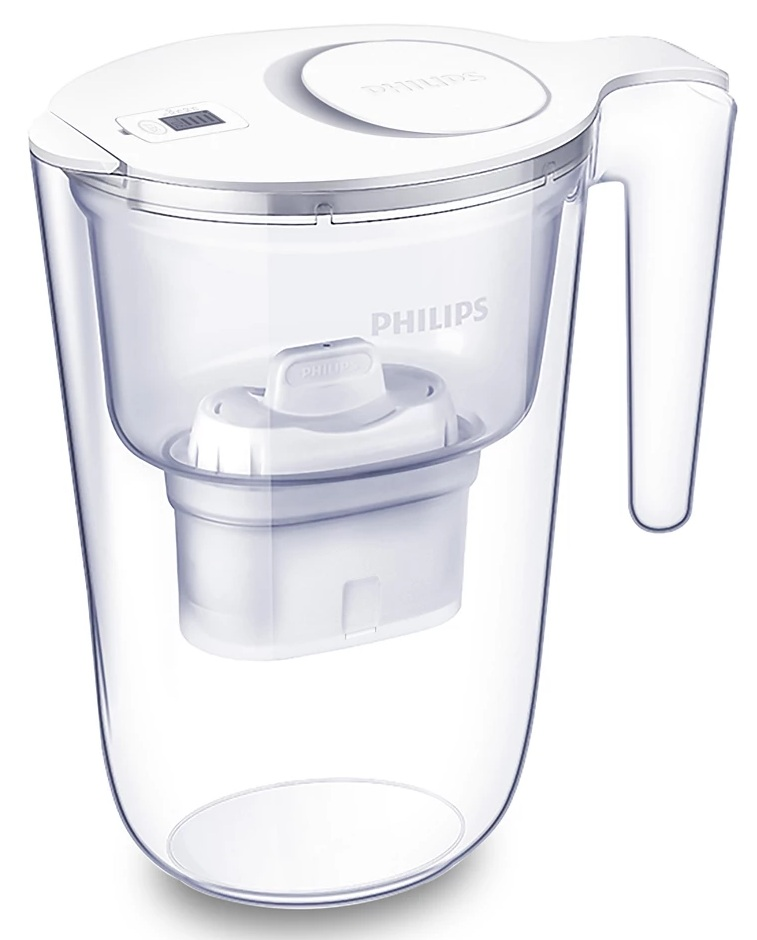 Przezroczysty, biały dzbanek z filtrem do wody Philips. Ma uchwyt, pokrywę z wyświetlaczem cyfrowym i filtr.