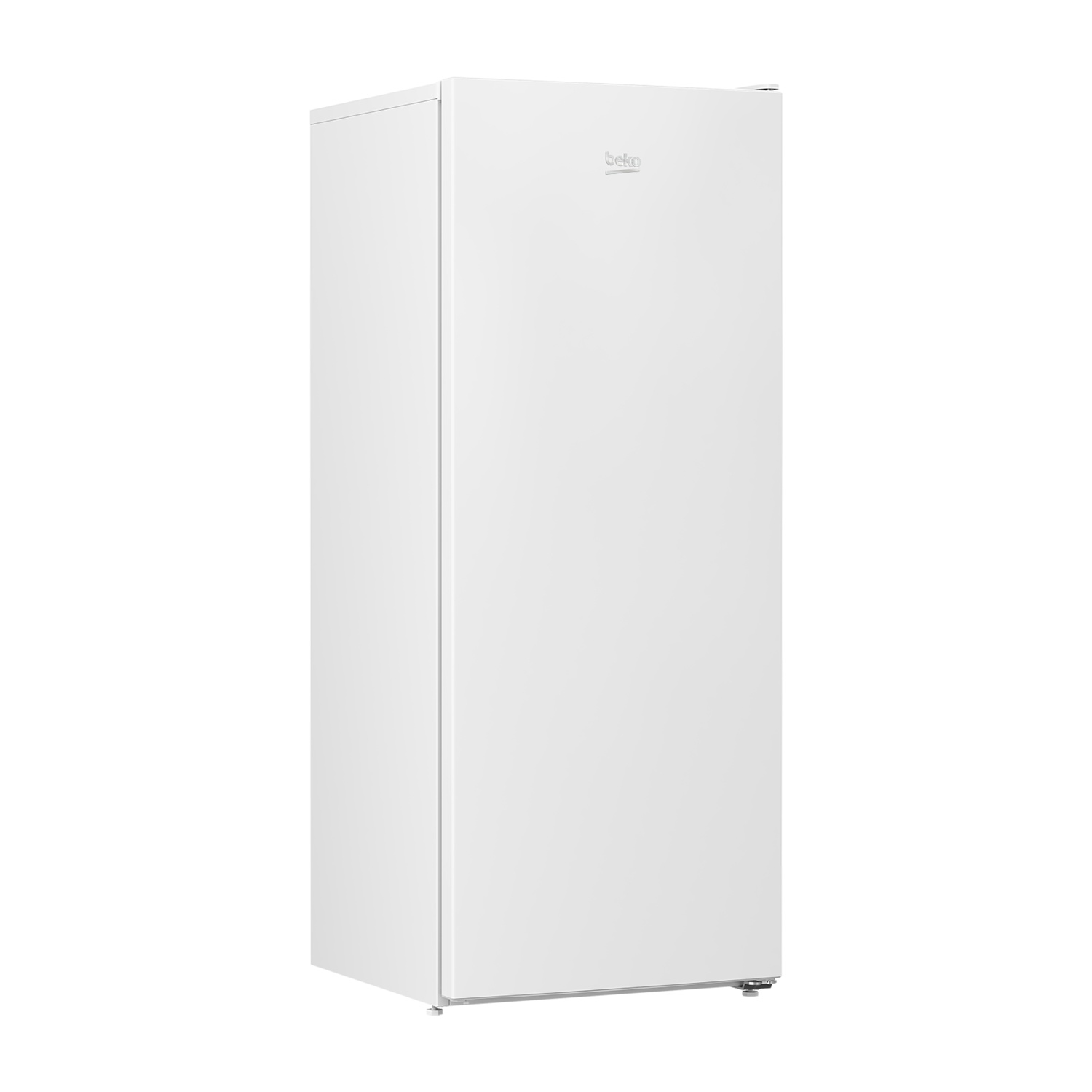 Frigorifero bianco visto da un angolo. La porta è chiusa con il logo beko.