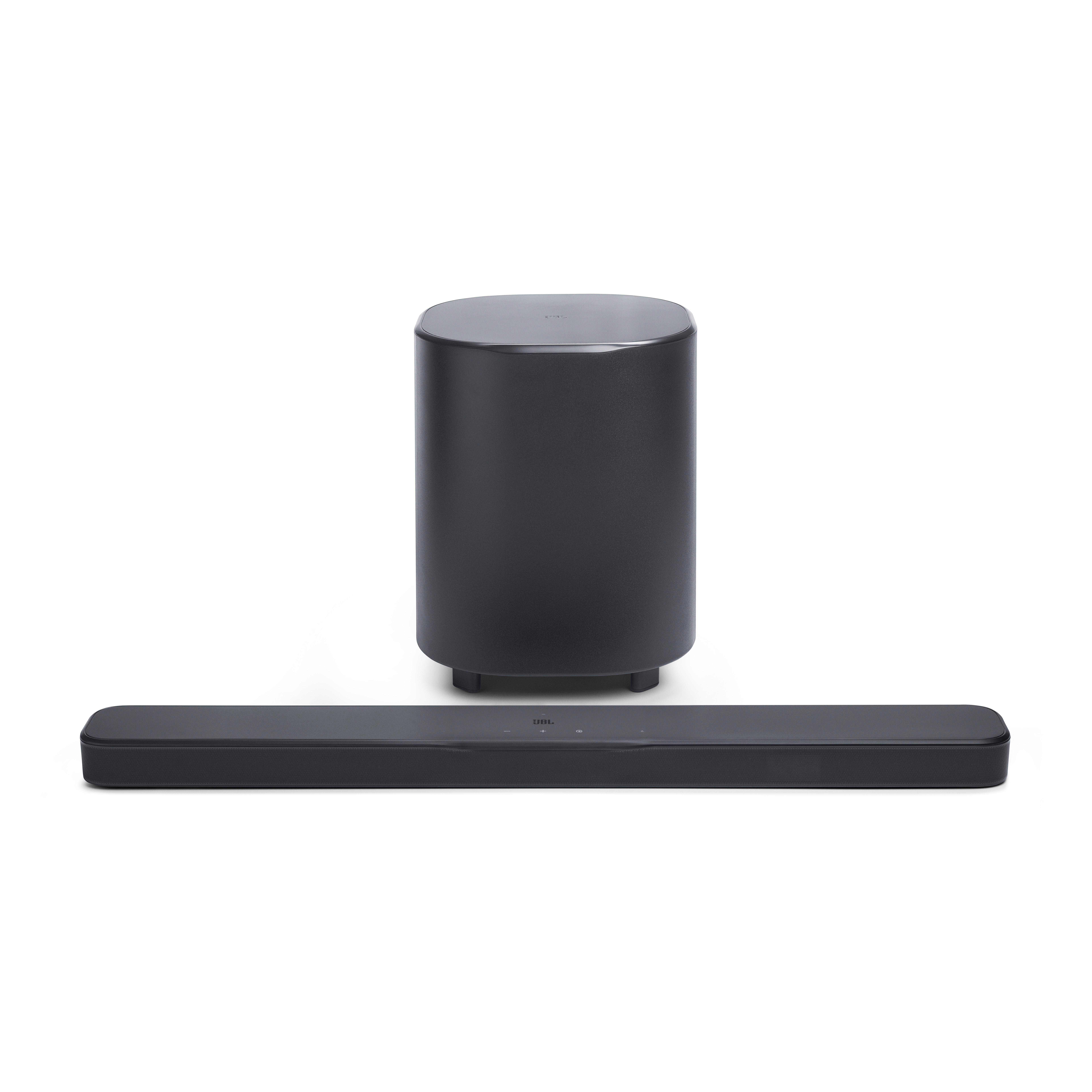 Eine schwarze Soundbar und ein Subwoofer auf weißem Hintergrund. Die Soundbar ist lang und rechteckig.