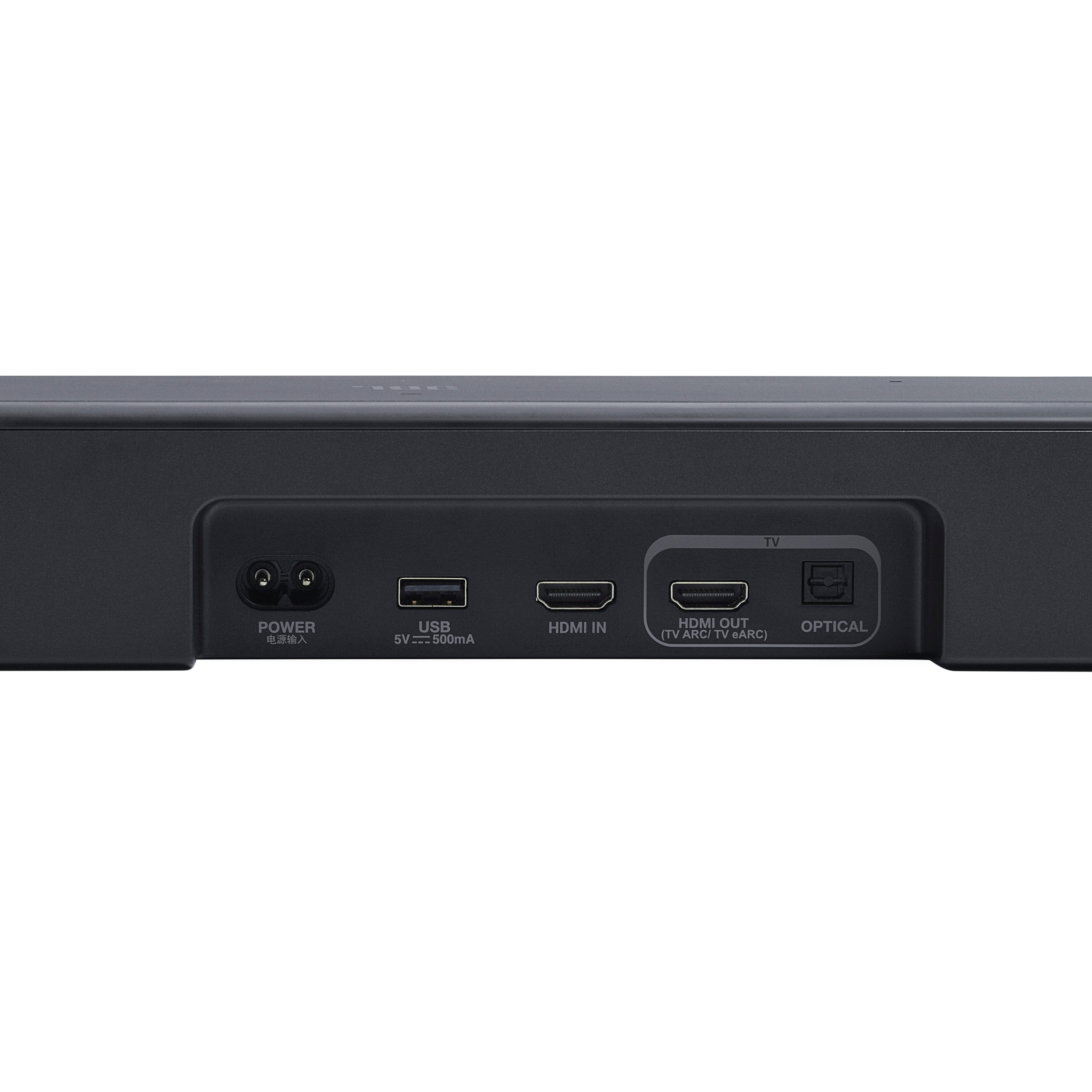 Nahaufnahme der Rückseite einer Soundbar mit Strom-, USB-, HDMI- und optischen Anschlüssen.