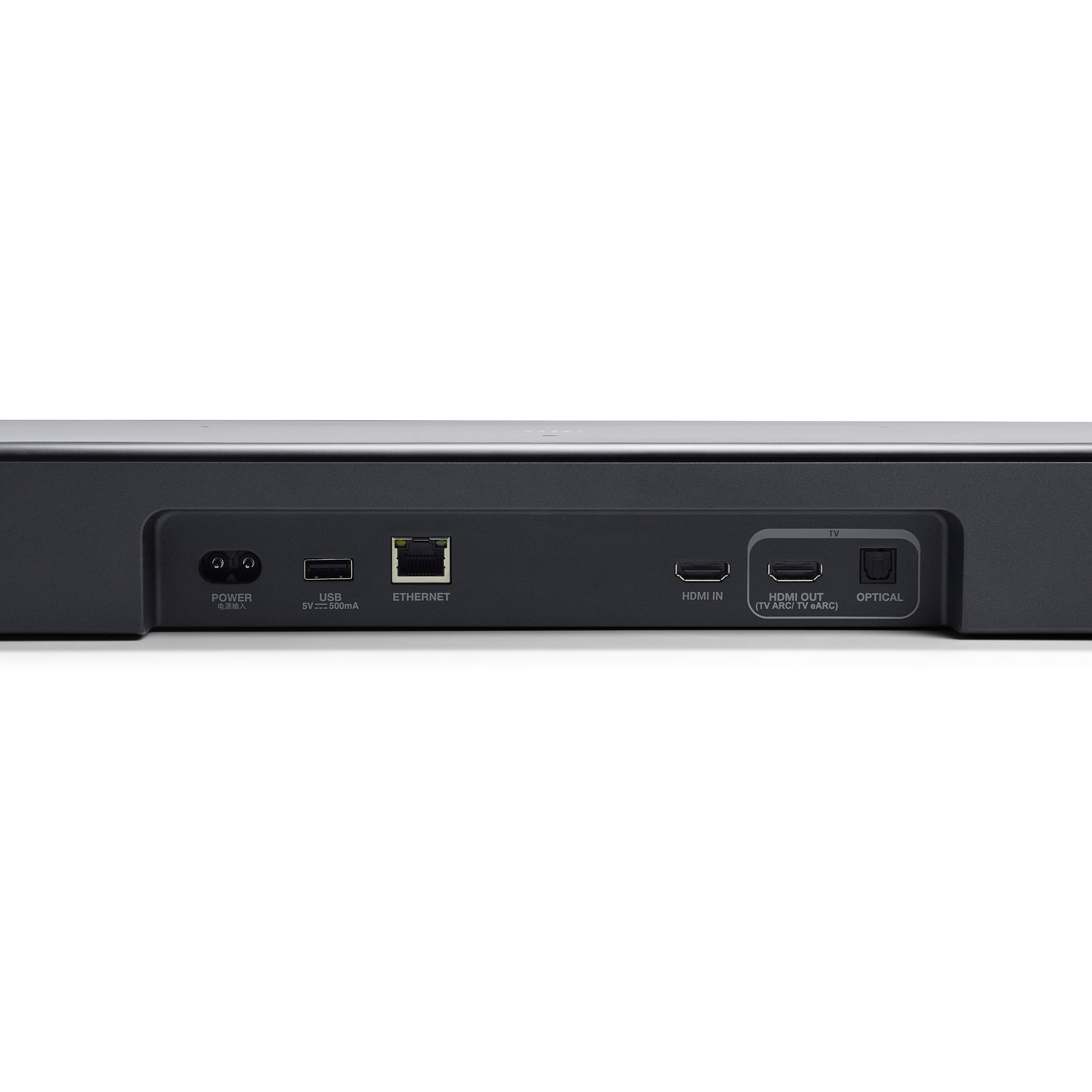 Nahaufnahme der Rückseite einer schwarzen JBL-Soundbar mit Anschlüssen: Strom, USB, Ethernet, HDMI und optisch.