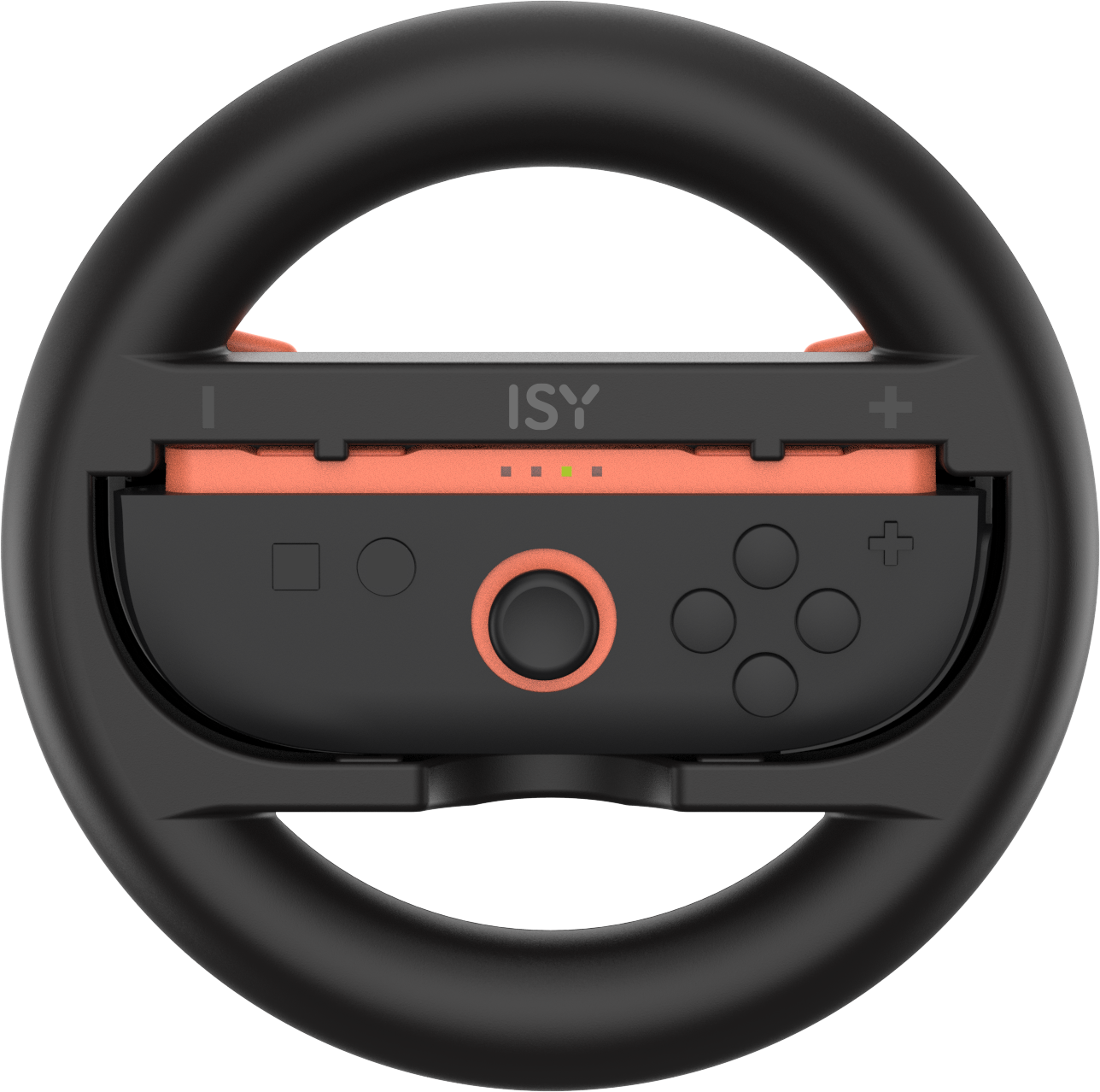 Schwarzes Gaming-Lenkrad mit orangefarbenem Controller, Tasten sichtbar. ISY-Markenlogo.