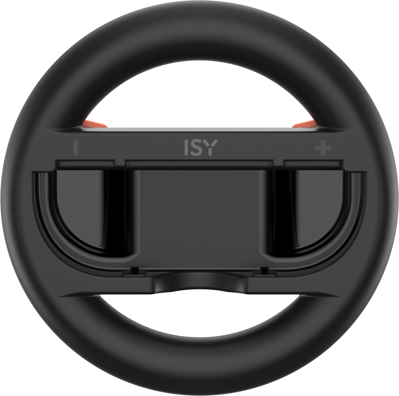 Schwarzes Gaming-Lenkrad. Der Controller-Steckplatz ist leer. ISY-Logo ist sichtbar.