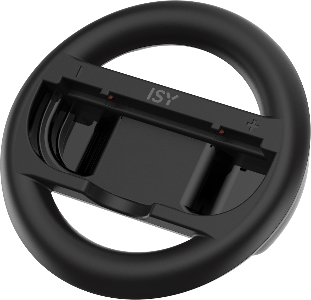 Schwarzes Gaming-Lenkrad. Der Controller-Steckplatz ist leer. ISY-Logo sichtbar.