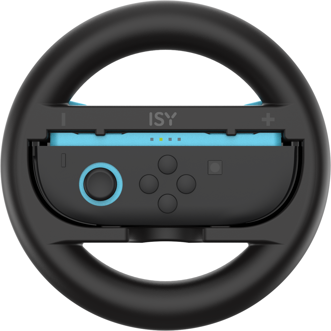 Schwarzes Gaming-Lenkrad mit eingelegtem blauem Controller. Das ISY-Logo ist sichtbar.