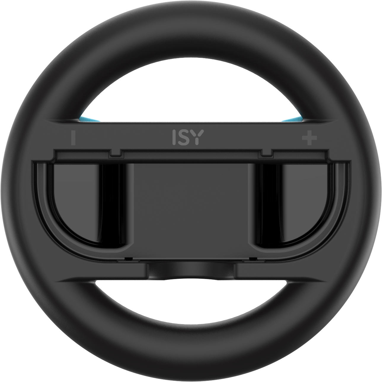 Schwarzes Gaming-Lenkrad mit blauem Controller. ISY-Logo sichtbar. Knöpfe sichtbar.