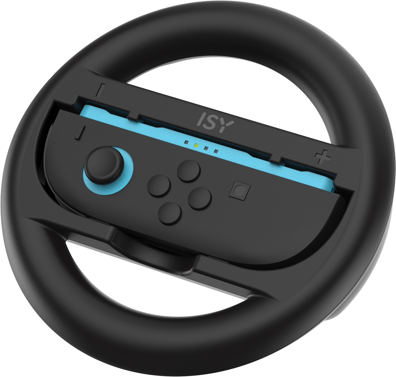 Schwarzes Gaming-Lenkrad mit eingelegtem blauen Controller. ISY-Logo sichtbar.
