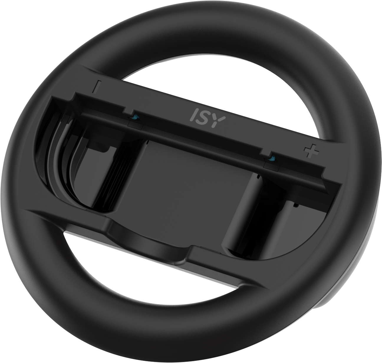Schwarzes Gaming-Lenkrad. Der Controller-Steckplatz ist leer, Design sichtbar. ISY-Logo.